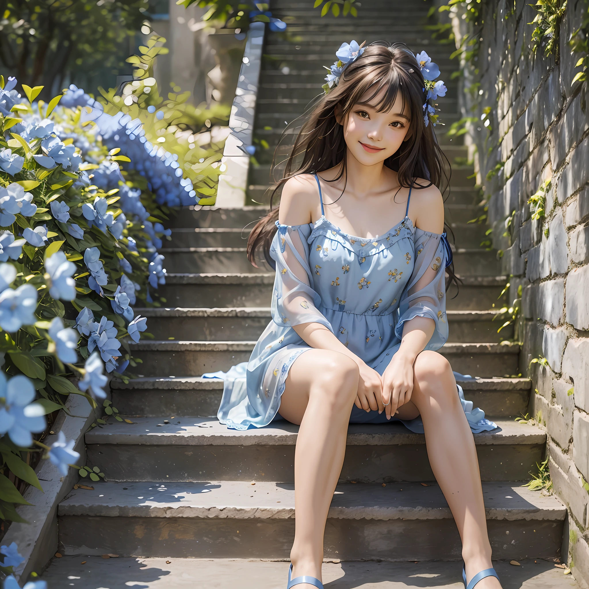 RAW photo, masterpiece, best quality, (1girl), sitting at the stair, lots of blue flowers around, blue flowers at background, outdoor, sunny day, happy, smile, slip dress, beautiful girl, messy hair, floating hair and clothes in the wind