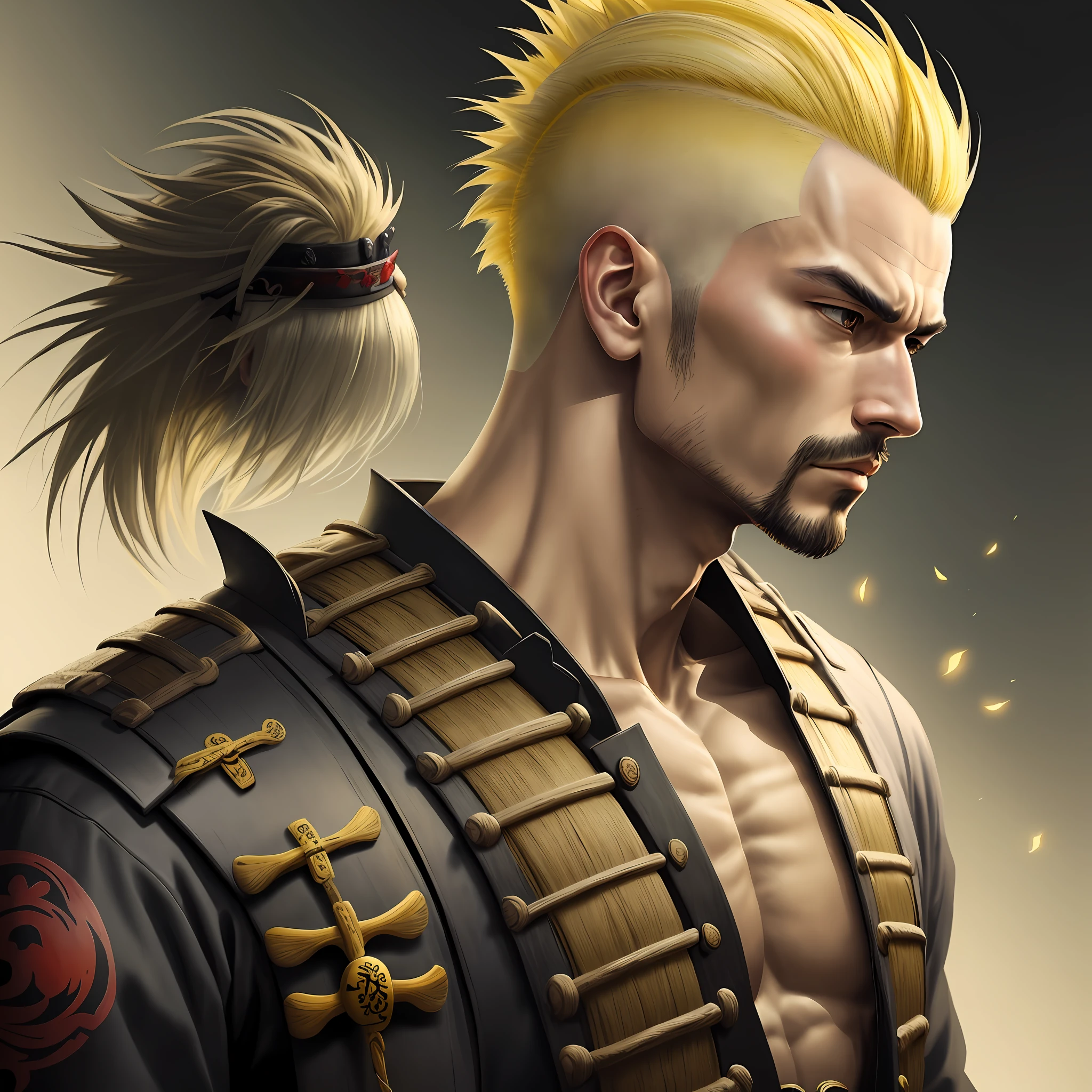 masterpiece, best quality, 1 Male, adult, hair Yellow Cut on sides, Samurai ,Symbolism,Art, Beautiful, Beautiful , Courage
