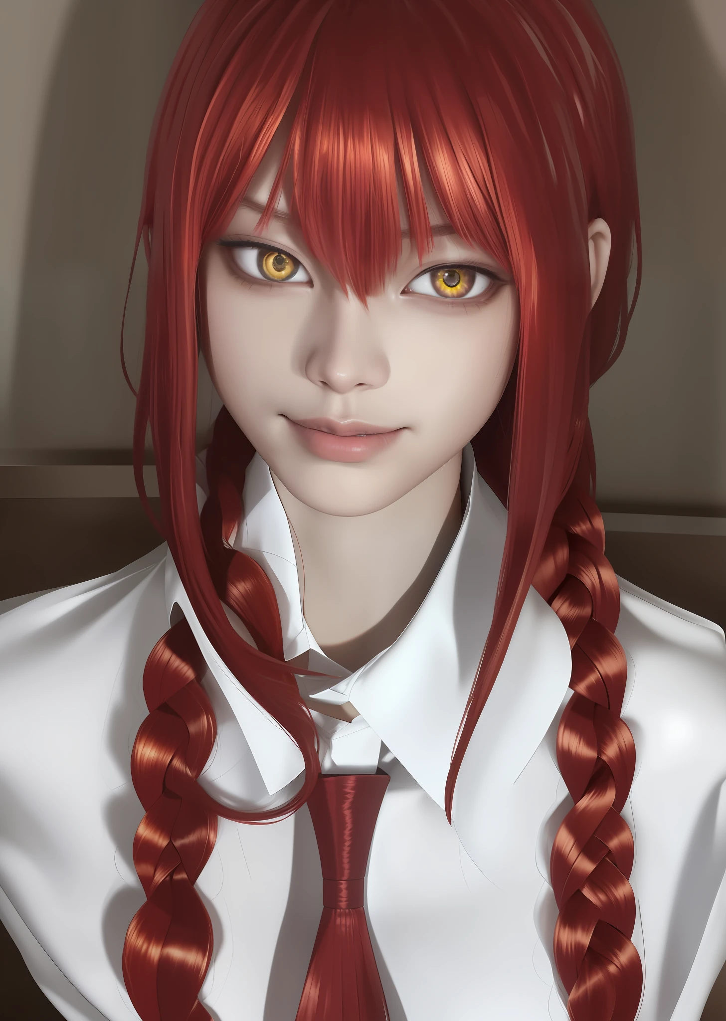 (masterpiece), (best quality),makima \(chainsaw man\), best quality, ultra detailed, 1girl, solo, standing, red hair, long braided hair, golden eyes, sexy, tied \(non-sexual\), bangs, large breasts, low-cut white shirt, staring gaze, smile, (bad:1.2), looking at the viewer, (interview:1.3), (dark background, sitting in the office)