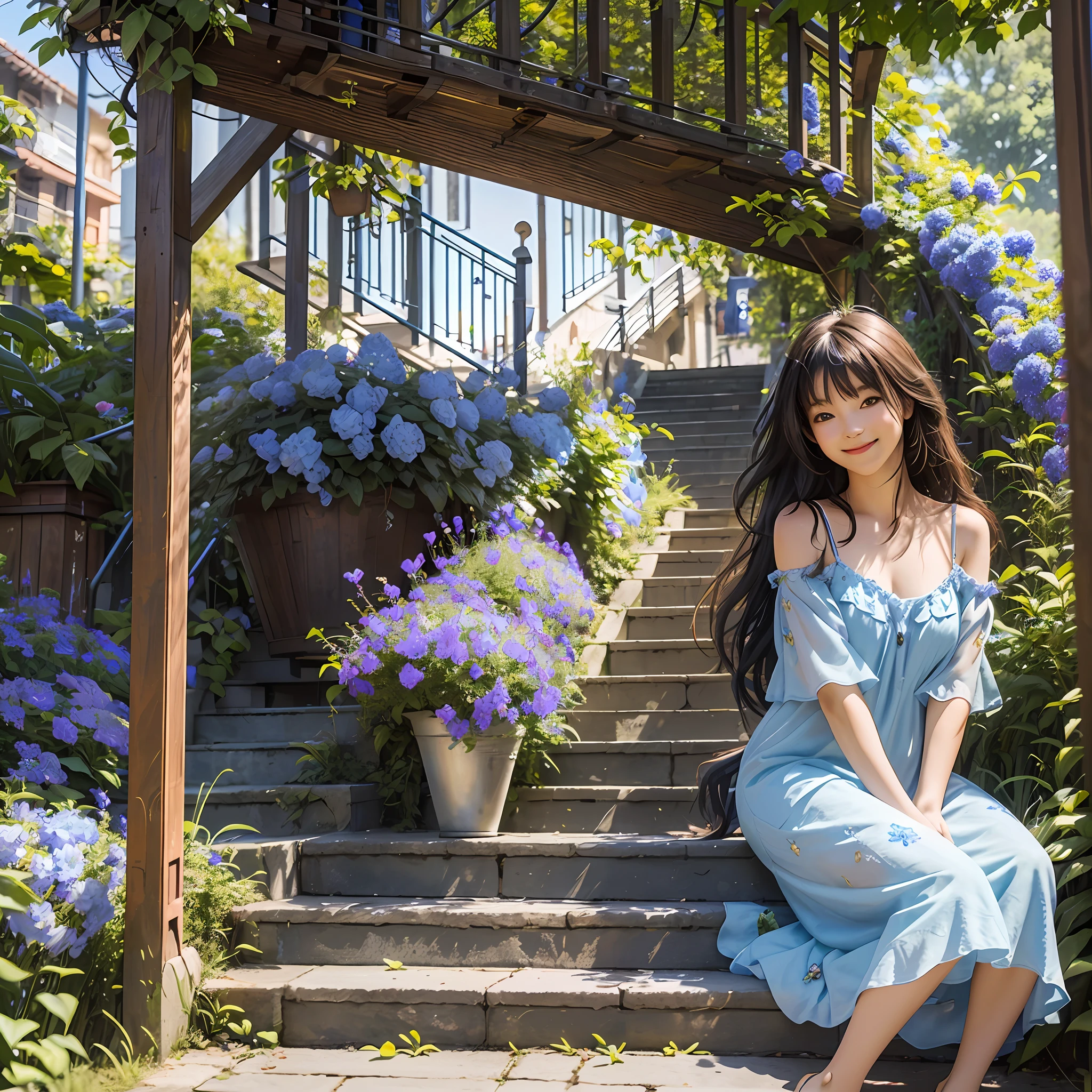 RAW photo, masterpiece, best quality, (1girl), sitting at the stair, lots of blue flowers around, outdoor, sunny day, happy, smile, slip dress, beautiful girl, messy hair, floating hair and clothes in the wind