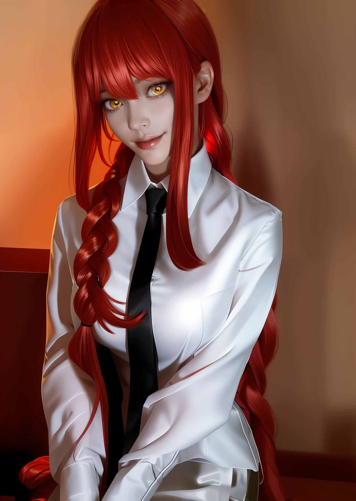(masterpiece), (best quality),makima \(chainsaw man\), best quality, ultra detailed, 1girl, solo, standing, red hair, long braided hair, golden eyes, sexy, tied \(non-sexual\), bangs, large breasts, low-cut white shirt, staring gaze, smile, (bad:1.2), looking at the viewer, (interview:1.3), (dark background, sitting in the office)