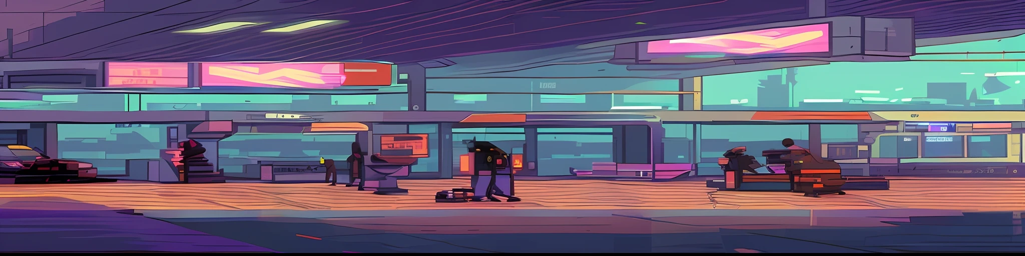 people are waiting at a train station with luggage and signs, cyberpunk pixel art, cyberpunk bus stop, cyberpunk art style, detailed cyberpunk illustration, lo-fi illustration style, #pixelart, # pixelart, in cyberpunk city, in style of laurie greasley, lo-fi retro videogame, cyberpunk illustration, inspired by Liam Wong, lofi art, beautiful detailed pixel art