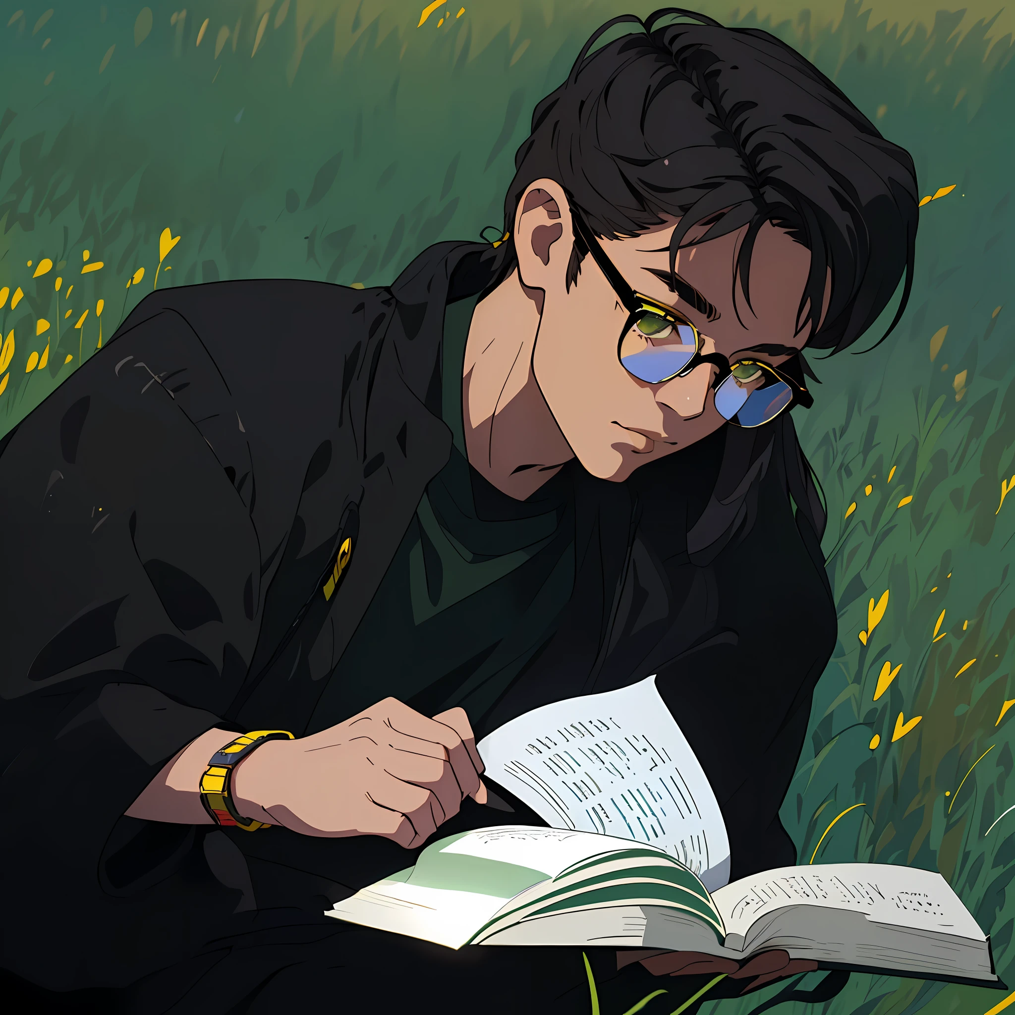 (Man, Alaferd, Meadow, Black Glasses + Sexy, New Book Reading, Heavy Writing, Vast Plateau + Yellow Sky, Radiant), (Green Grass, Male Figure, Light Light), (Volumetric Light: 0.8, Depth of Field: 0.8)