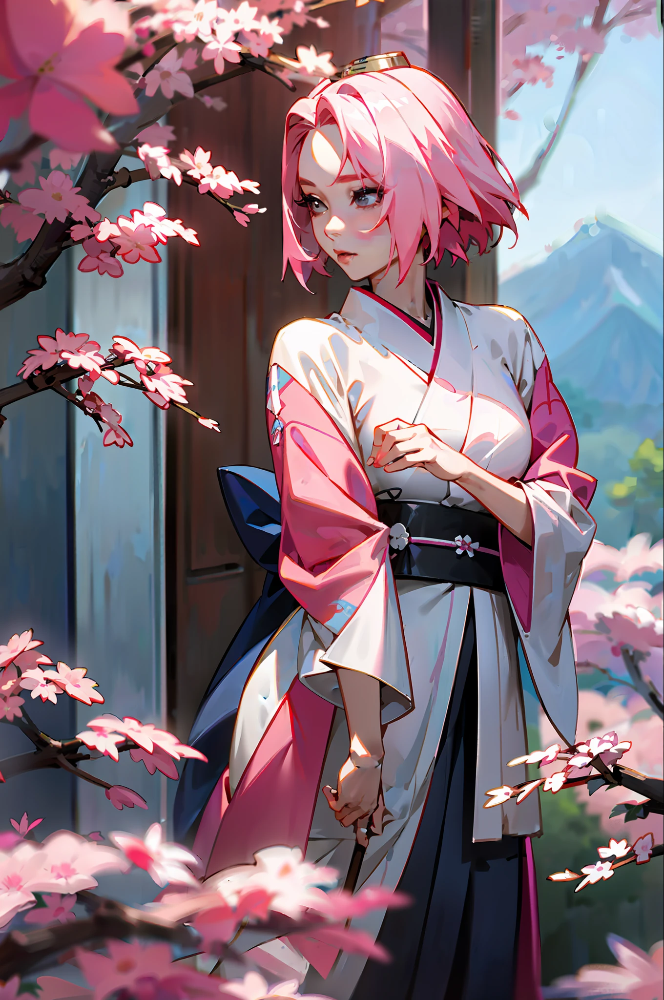 Sakura, in a kimono posing with a katana in hand, photo of slim girl model, korean women's fashion model, beautiful south korean woman, korean woman, pink hair, beautiful young korean woman, beautiful young korean woman, wenfei ye, xintong chen, adorable young korean face, korean girl, by xia yong, korean face features, korean symmetrical face