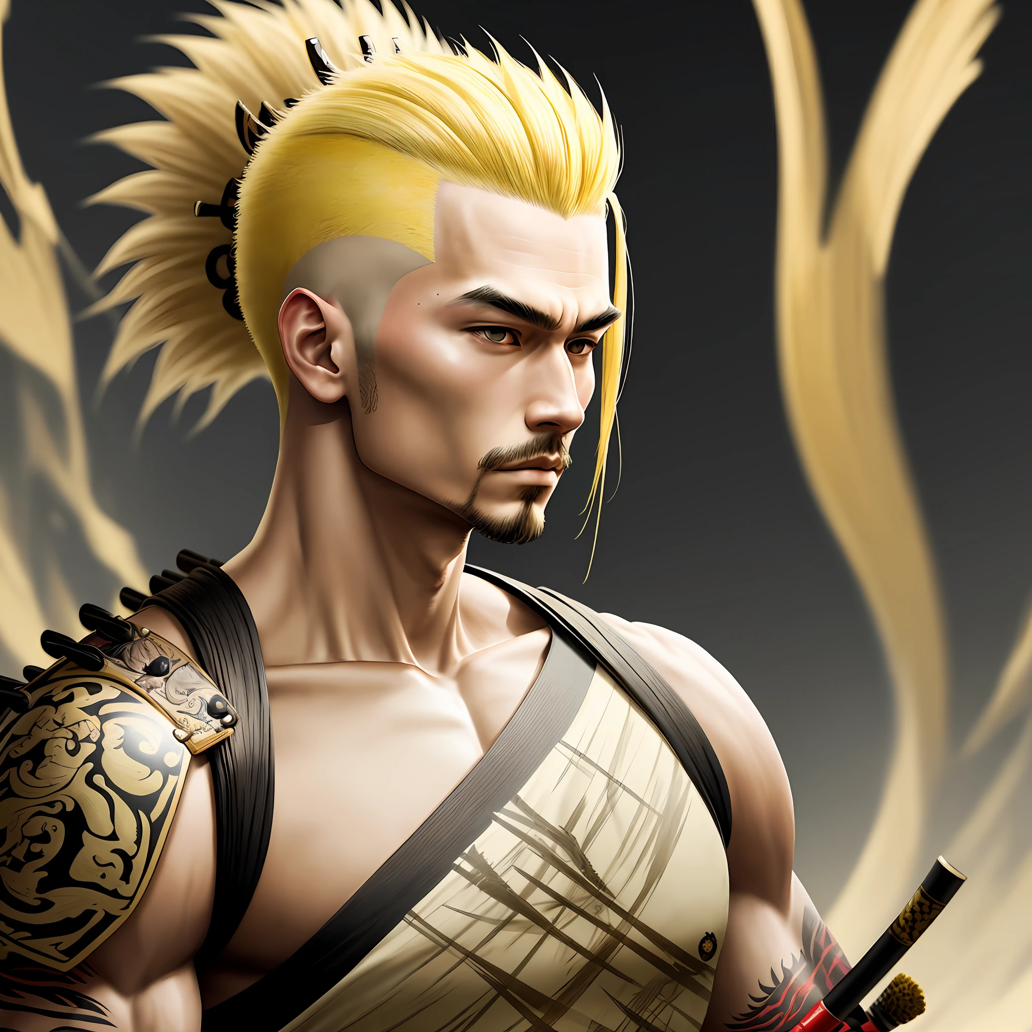 masterpiece, best quality, 1 Male, adult, hair Yellow Cut on sides, Samurai ,Symbolism,Art, Beautiful, Beautiful , Courage