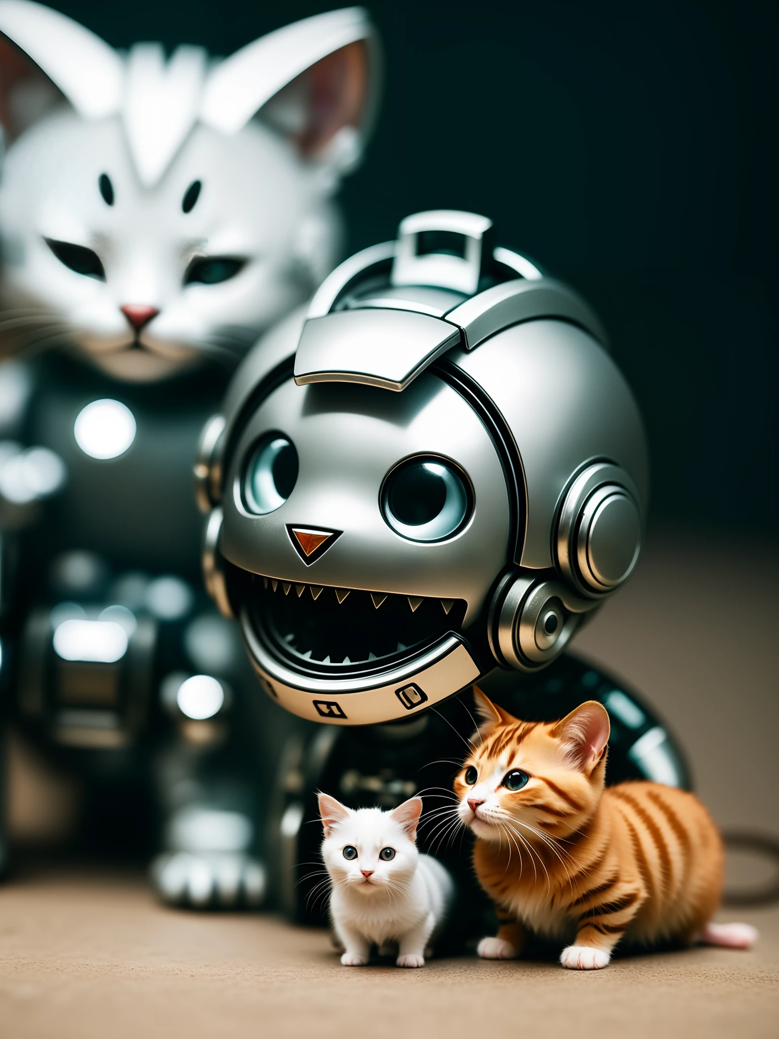 A cute kitten made of metal next to a small mouse made of metal, (cyborg:1.1), ([tail |  Metal Pieces]:1.3), (Intricate Details), HDR, (Intricate Details, Hyperdetail:1.2), Cinematic Shots, Center, (Head Turned), Small Ears, (Headset), Cute,