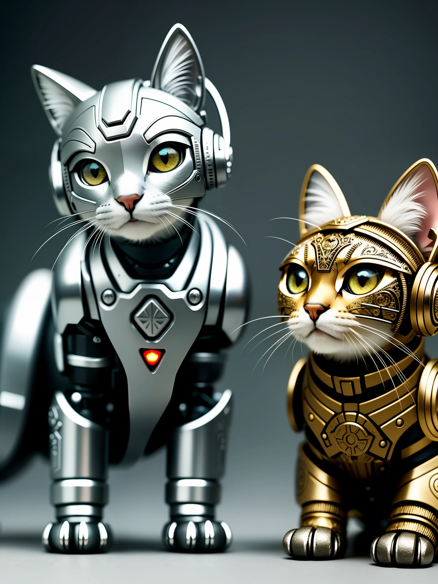 A cute kitten made of metal, (cyborg:1.1), ([tail |  Metal Pieces]:1.3), (intricate detailing), HDR, (intricate detailing, hyperdetailing:1.2), cinematic shot, center, (head turned), small ears, (headset), cute, next to a small cat made of metal,