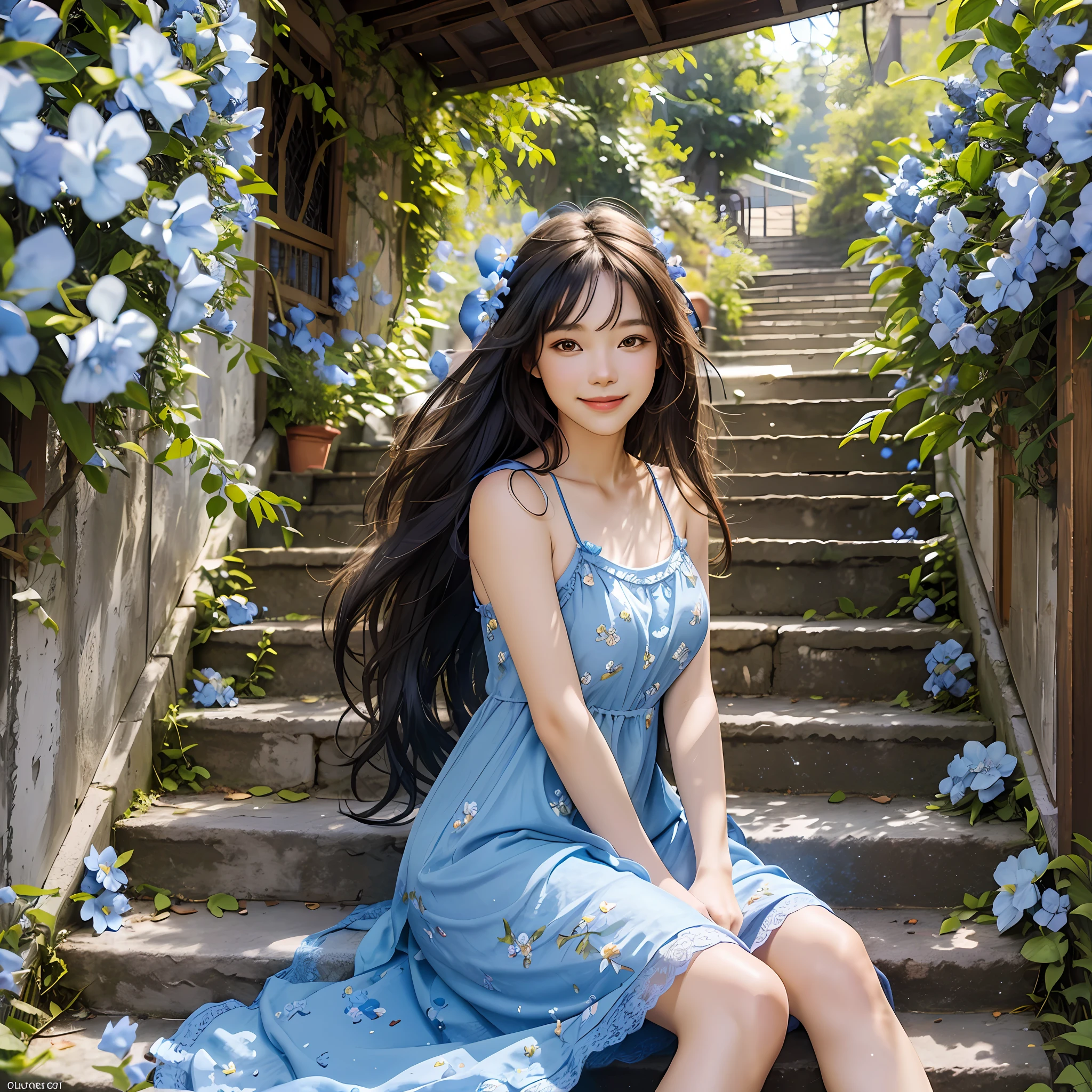 RAW photo, masterpiece, best quality, (1girl), sitting at the stair, lots of blue flowers around, blue flowers at background, outdoor, sunny day, happy, smile, slip dress, beautiful girl, messy hair, floating hair and clothes in the wind