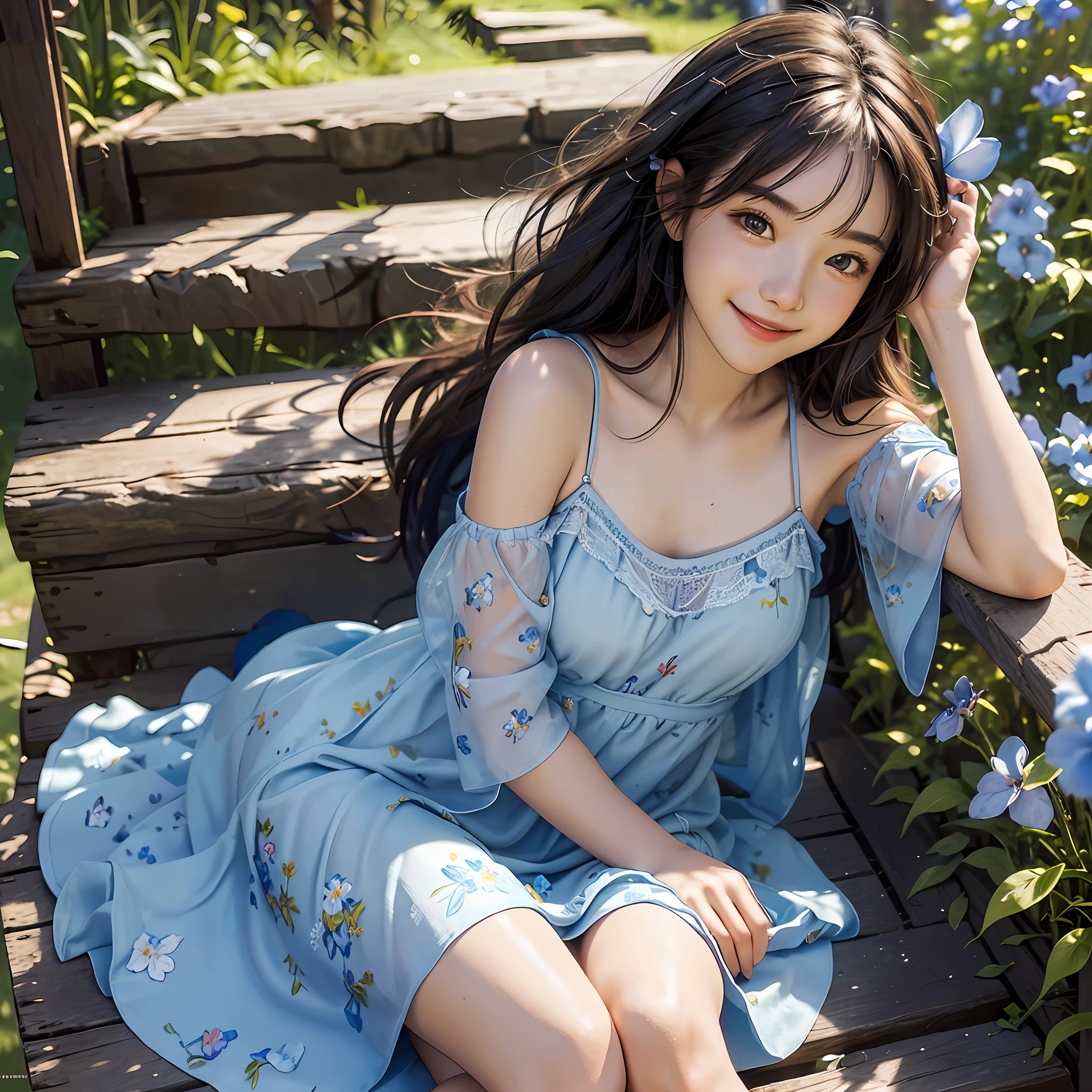 RAW photo, masterpiece, best quality, (1girl), sitting at the stair, lots of blue flowers around, blue flowers at background, outdoor, sunny day, happy, smile, slip dress, beautiful girl, messy hair, floating hair and clothes in the wind
