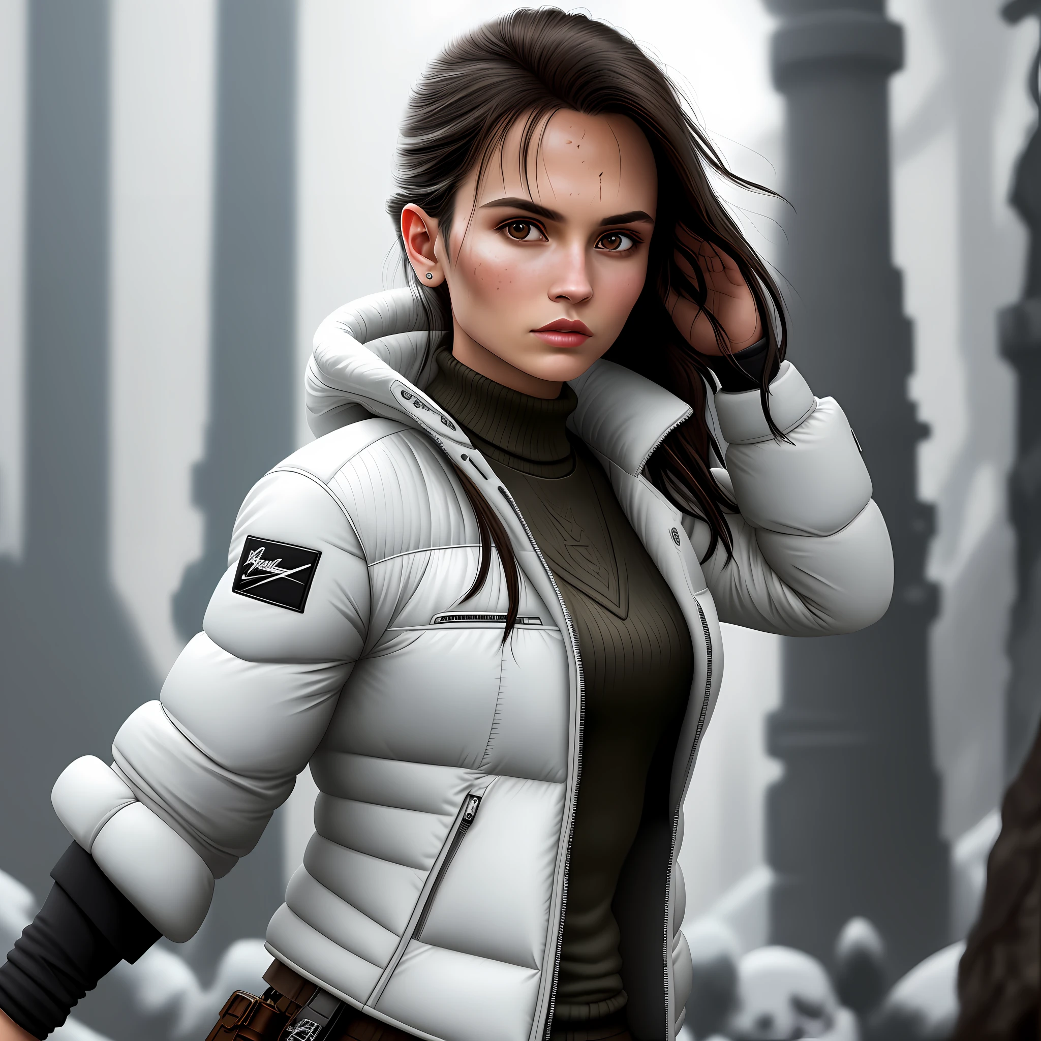 Tomb Raider with a grotesque white puffy balenciaga winter jacket, dark background, Surrealism, Realism, Suprematism, Hyperrealism, Impressionism, Fujicolor, vanishing point, wide shot, Eye-Level Shot, Ultra-Wide Angle, Hasselblad, Sony FE, UHD, retina, masterpiece, ccurate, anatomically correct, textured skin, super detail, high details, high quality, best quality, highres