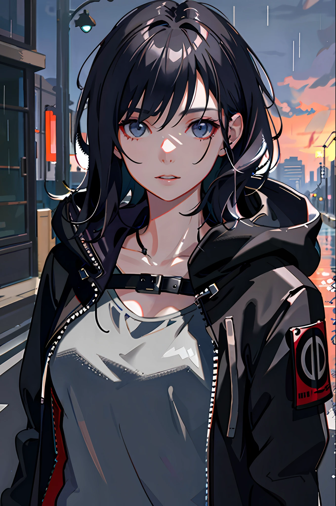 1girl, jacket, rain, outdoor, hoodie, open jacket, chain, backpack, looking at another, messy hair, trending on artstation, 8k resolution, highly detailed, anatomically correct, sharp image, digital painting, concept art, trending on pixiv, style of makoto shinkai,