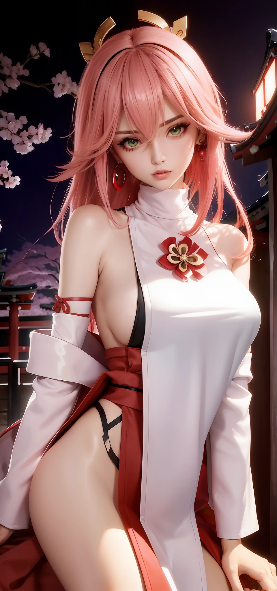 (Masterpiece, Excellent, 1girl, solo, complex details, color difference), realism, ((medium breath)), off-the-shoulders, big breasts, sexy, Yae Miko, long pink hair, red headdress, red highlight, hair above one eye, green eyes, earrings, sharp eyes, perfectly symmetrical figure, choker, neon shirt, open jacket, turtleneck sweater, against the wall, brick wall, graffiti, dim lighting, alley, looking at the audience, ((mean, seductive, charming)), ((cherry blossom background ))),((Japanese temple background)))), (((Glow-in-the-dark background)))