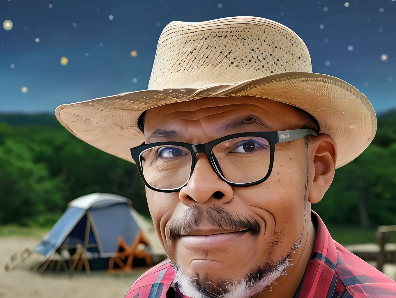 guttonerdvision3, a 50-year-old man with glasses, detailed face, realistic skin pores, wearing a straw hat, plaid shirt, jeans with a few rips, with a dry straw in his mouth. Starry night very dark. Sitting on a rock Next to a campfire at night. with trees around the character. Photorealism, extreme details, ultra-realistic, depth of field, 8k
