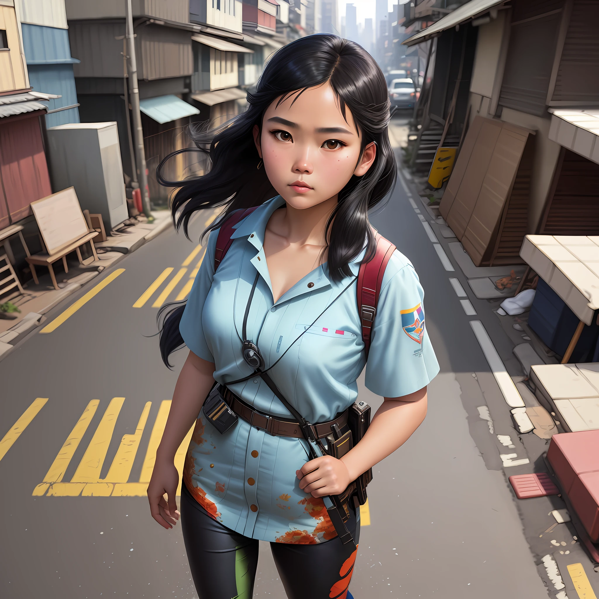worms eye camera view of a full view portrait, head to feet showing standing on the alley. A young Filipina, Maximalist, cultural festive, T'boli patterns outfit in the street of Manila, cute fine face, rounded eyes, digital painting, fan art, pixiv, by Ilya Kuvshinov, katsuhiro otomo ghost-in-the-shell, magali villeneuve, artgerm, Jeremy Lipkin and Michael Garmash and Rob Rey slum background from Payatas, Surrealism, Realism, Suprematism, Hyperrealism, Impressionism, Fujicolor, vanishing point, wide shot, Eye-Level Shot, Ultra-Wide Angle, Hasselblad, Sony FE, UHD, retina, masterpiece, ccurate, anatomically correct, textured skin, super detail, high details, high quality, best quality, highres