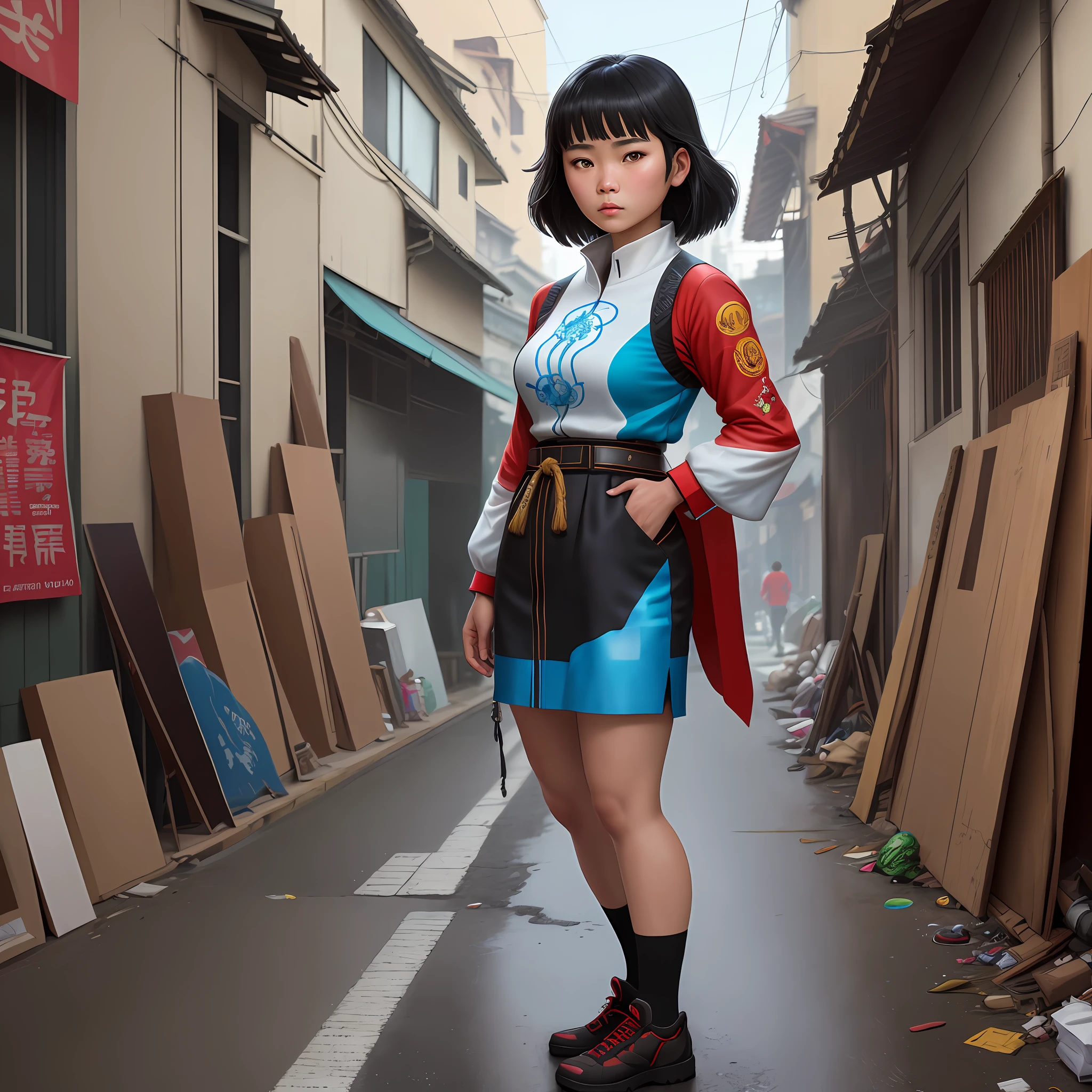 worms eye camera view of a full view portrait, head to feet showing standing on the alley. A young Filipina, Maximalist, cultural festive, T'boli patterns outfit in the street of Manila, cute fine face, rounded eyes, digital painting, fan art, pixiv, by Ilya Kuvshinov, katsuhiro otomo ghost-in-the-shell, magali villeneuve, artgerm, Jeremy Lipkin and Michael Garmash and Rob Rey slum background from Payatas, Surrealism, Realism, Suprematism, Hyperrealism, Impressionism, Fujicolor, vanishing point, wide shot, Eye-Level Shot, Ultra-Wide Angle, Hasselblad, Sony FE, UHD, retina, masterpiece, ccurate, anatomically correct, textured skin, super detail, high details, high quality, best quality, highres