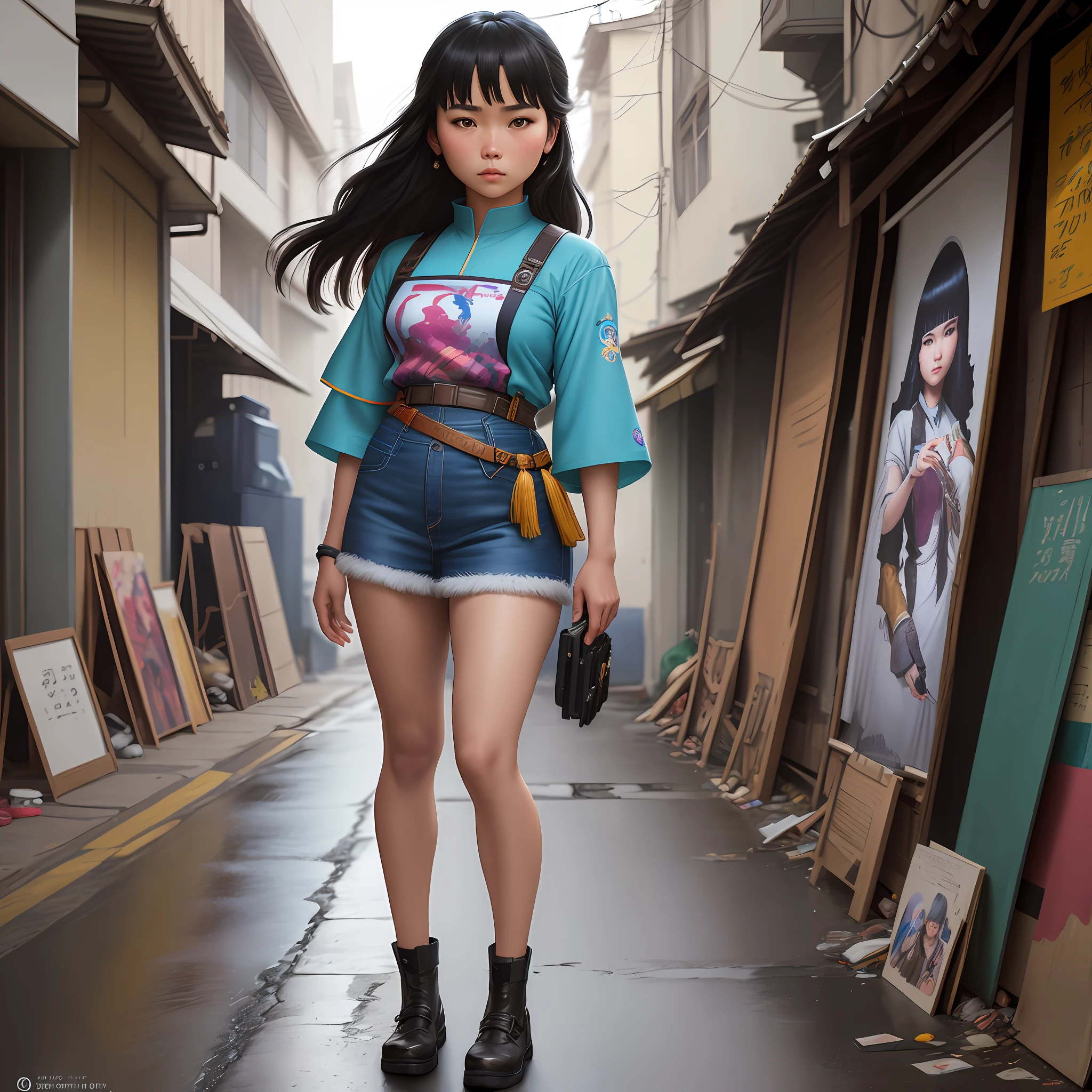 worms eye camera view of a full view portrait, head to feet showing standing on the alley. A young Filipina, Maximalist, cultural festive, T'boli patterns outfit in the street of Manila, cute fine face, rounded eyes, digital painting, fan art, pixiv, by Ilya Kuvshinov, katsuhiro otomo ghost-in-the-shell, magali villeneuve, artgerm, Jeremy Lipkin and Michael Garmash and Rob Rey slum background from Payatas, Surrealism, Realism, Suprematism, Hyperrealism, Impressionism, Fujicolor, vanishing point, wide shot, Eye-Level Shot, Ultra-Wide Angle, Hasselblad, Sony FE, UHD, retina, masterpiece, ccurate, anatomically correct, textured skin, super detail, high details, high quality, best quality, highres