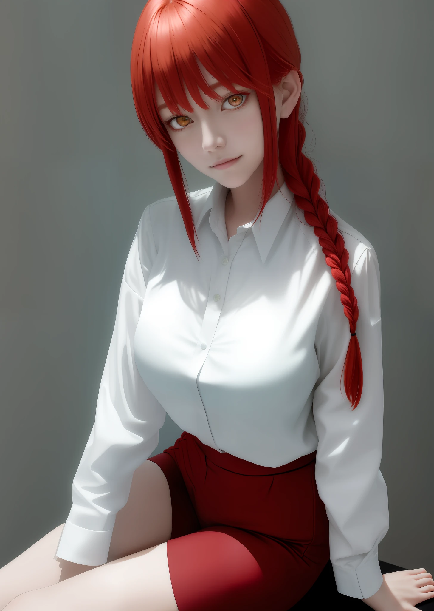 (masterpiece), (best quality),makima \(chainsaw man\), best quality, ultra detailed, 1girl, solo, standing, red hair, long braided hair, golden eyes, sexy, tied \(non-sexual\), bangs, large breasts, low-cut white shirt, staring gaze, smile, (bad:1.2), looking at the viewer, (interview:1.3), (dark background, sitting in the office)