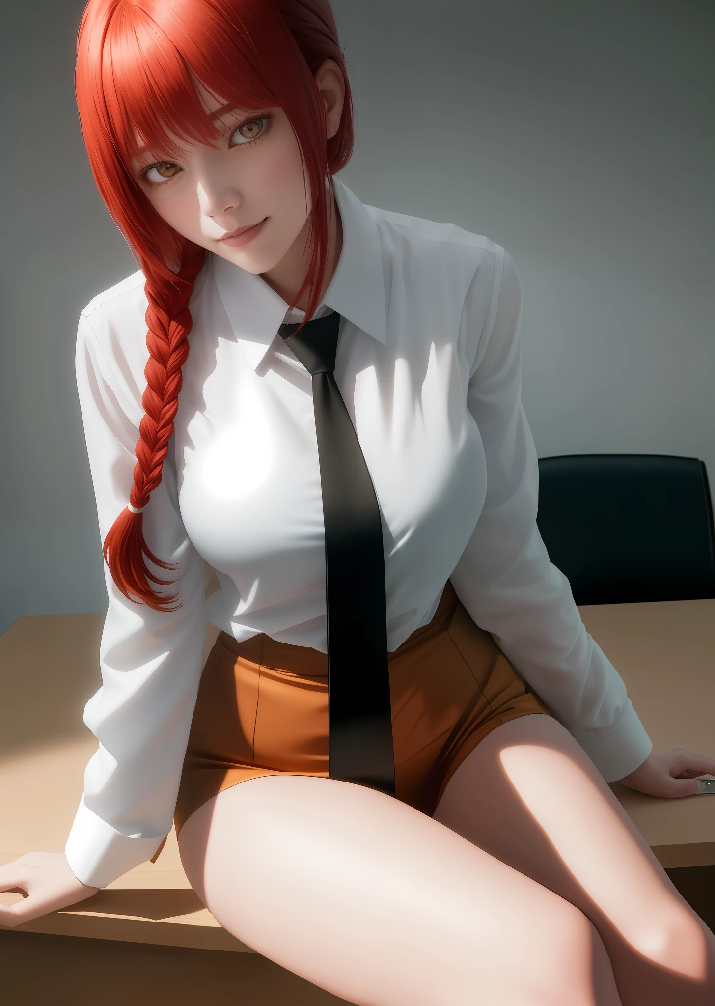 (masterpiece), (best quality),makima \(chainsaw man\), best quality, ultra detailed, 1girl, solo, standing, red hair, long braided hair, golden eyes, sexy, tied \(non-sexual\), bangs, large breasts, low-cut white shirt, staring gaze, smile, (bad:1.2), looking at the viewer, (interview:1.3), (dark background, sitting in the office)