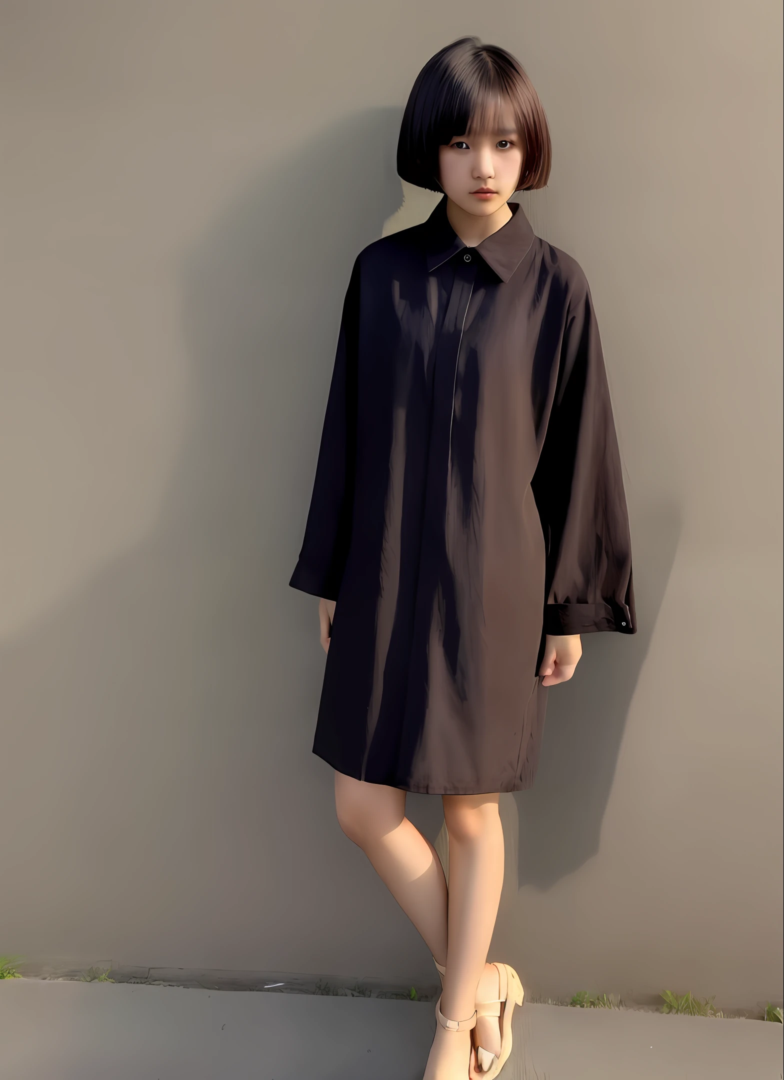 Upsetting girl, short hair with bang, full body, brown skin, unfair skin, normal dress, Asian look, 18 years old, not beautiful face, shy, poor, dark spot on skin, Fujifilm, nature background