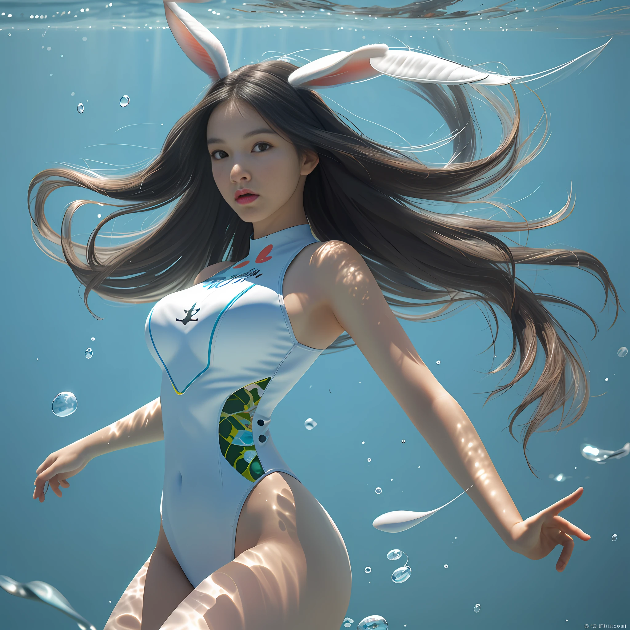 (Best Quality, Masterpiece: 1.4), (Realism: 1.2), (Realism: 1.2), (Absurdity: 1.2), 4K, Detailed, Ultra Detailed, Detailed Face, (Ultra Detailed Eyes: 1.2), Underwater, Beauty, One-piece Swimsuit, Bareback, High Split End, Long White Legs, Floating, Long Black Hair, Rabbit Ears, Rabbit Tail, School of Fish, Breaststroke