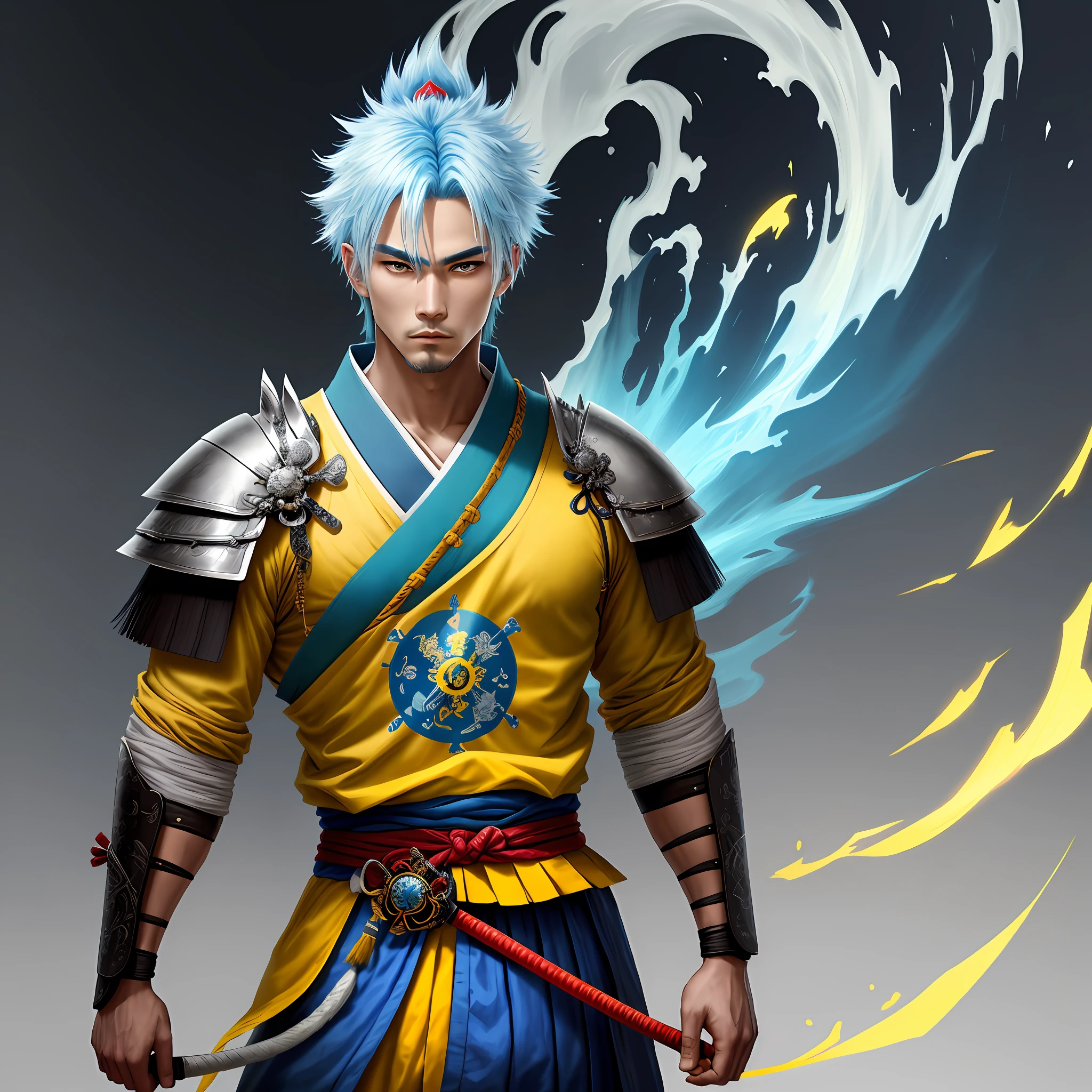 masterpiece, best quality, 1 male, adult, light blue hair, samurai ,symbolism,art, beautiful, beautiful , courage , yellow clothing