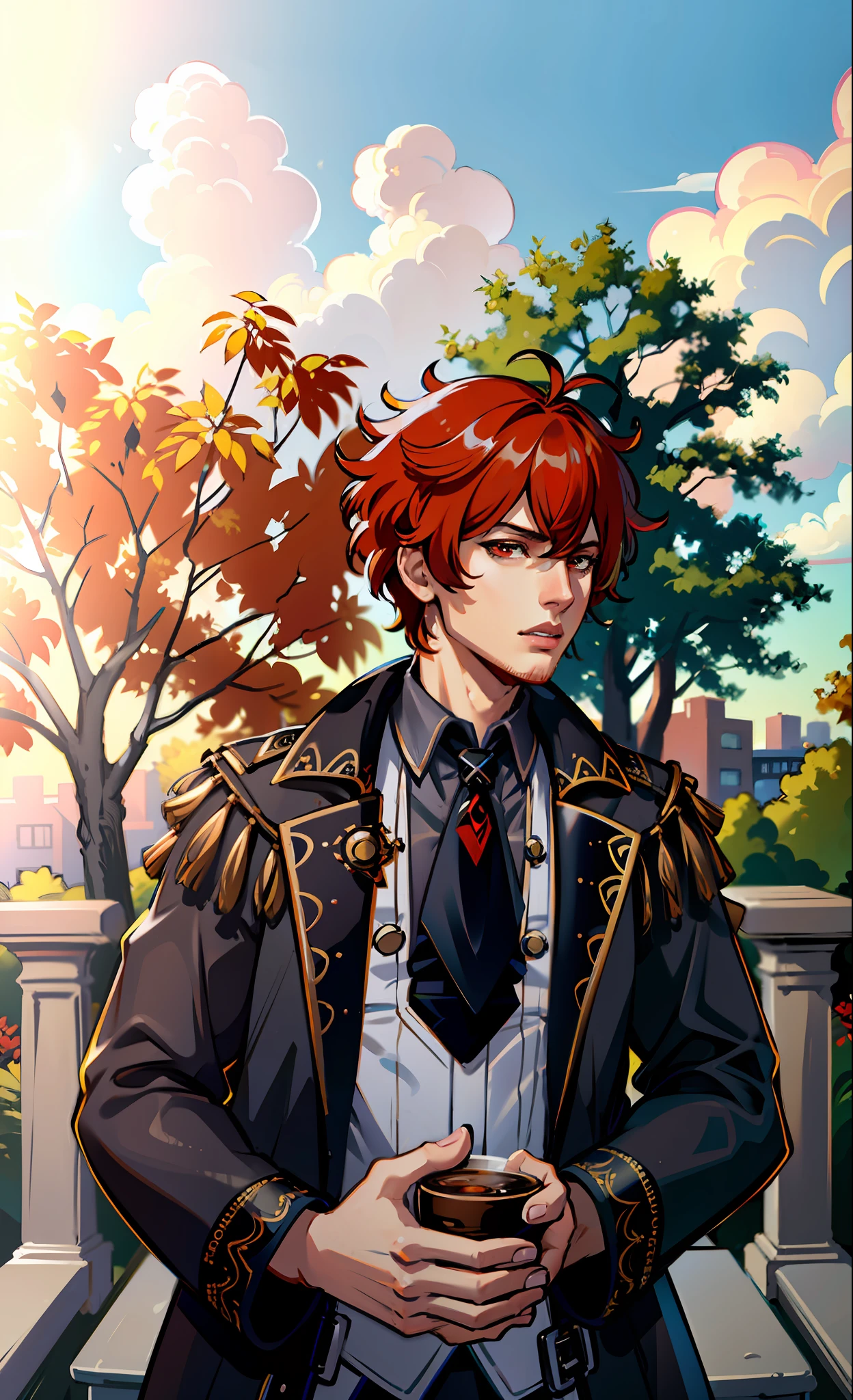(masterpiece),(best quality:1.0), (ultra highres:1.0), detailed illustration, 8k, anime, masterpiece ,diluc, red eyes, detailed eyes, red hair, detailed hair, black and red trench coat, best quality,(diluc:1.2), letterboxed, (genshin impact), 1boy, male focus, solo, anime style, vibrant