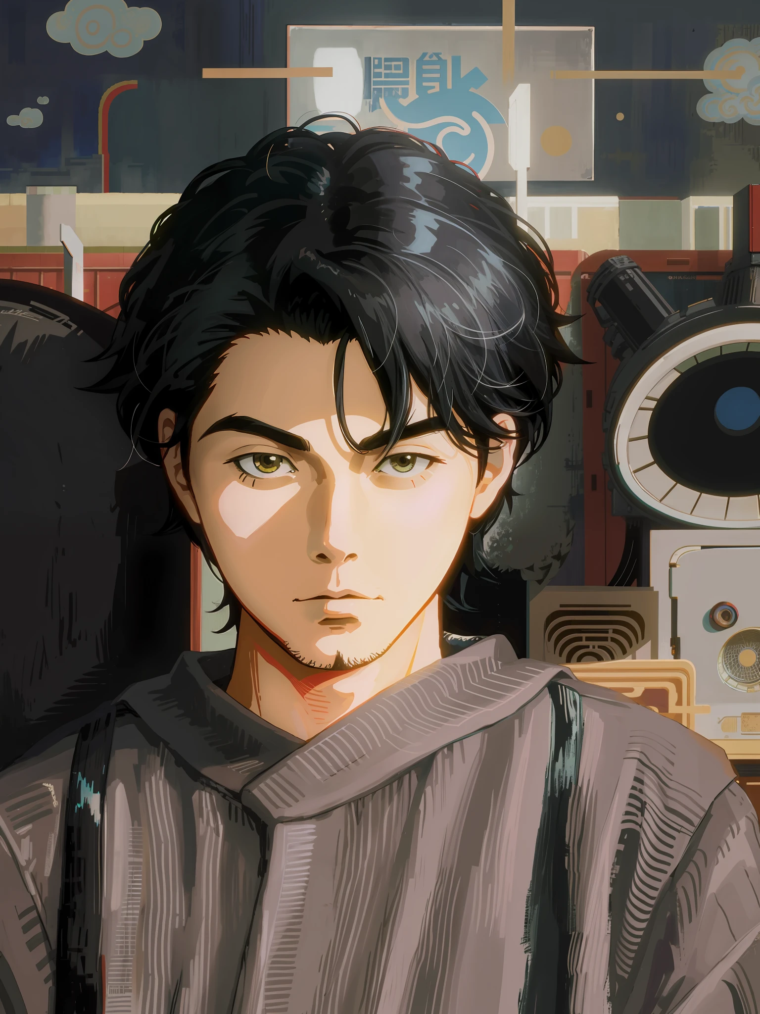 Black hairstyle man sitting on chair, anime style, quadratic, hayao miyazaki style, dormitory background, adobe illustrator, hand drawn, neat lines, textured, style in Studio Ghibli, retro aesthetic, focus on characters, 4K resolution, realistic rendering, use Cinema 4D