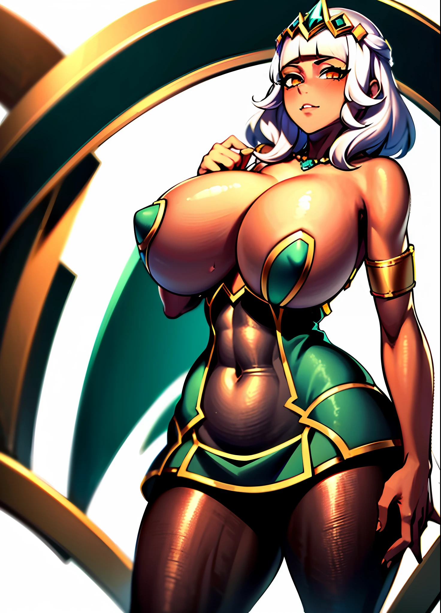 (masterpiece:1.2), absurdres, 1girl, gigantic breast, orange eyes, white hair, front view, (white background:1.2)