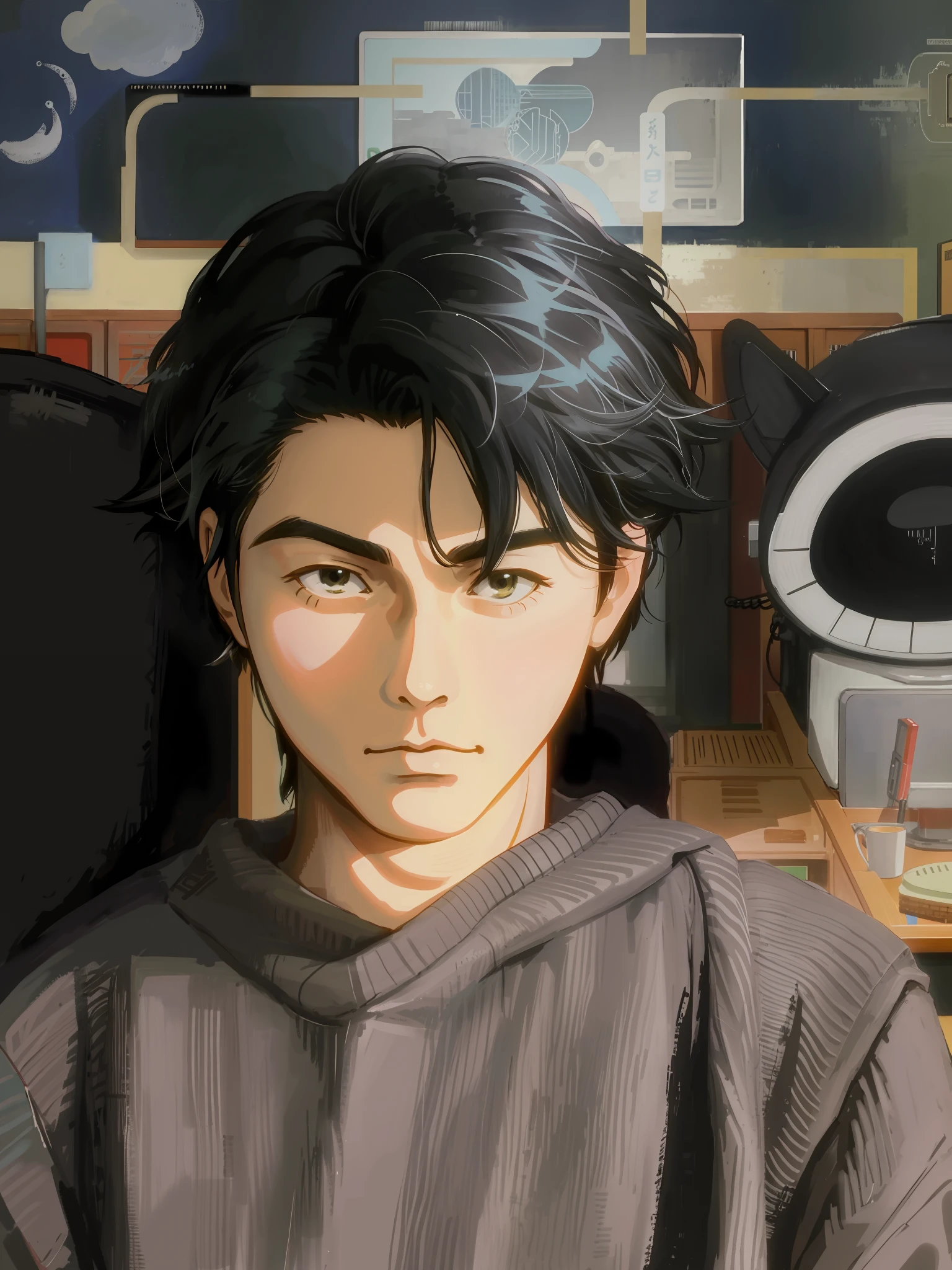 Black hairstyle man sitting on chair, anime style, quadratic, hayao miyazaki style, dormitory background, adobe illustrator, hand drawn, neat lines, textured, style in Studio Ghibli, retro aesthetic, focus on characters, 4K resolution, realistic rendering, use Cinema 4D
