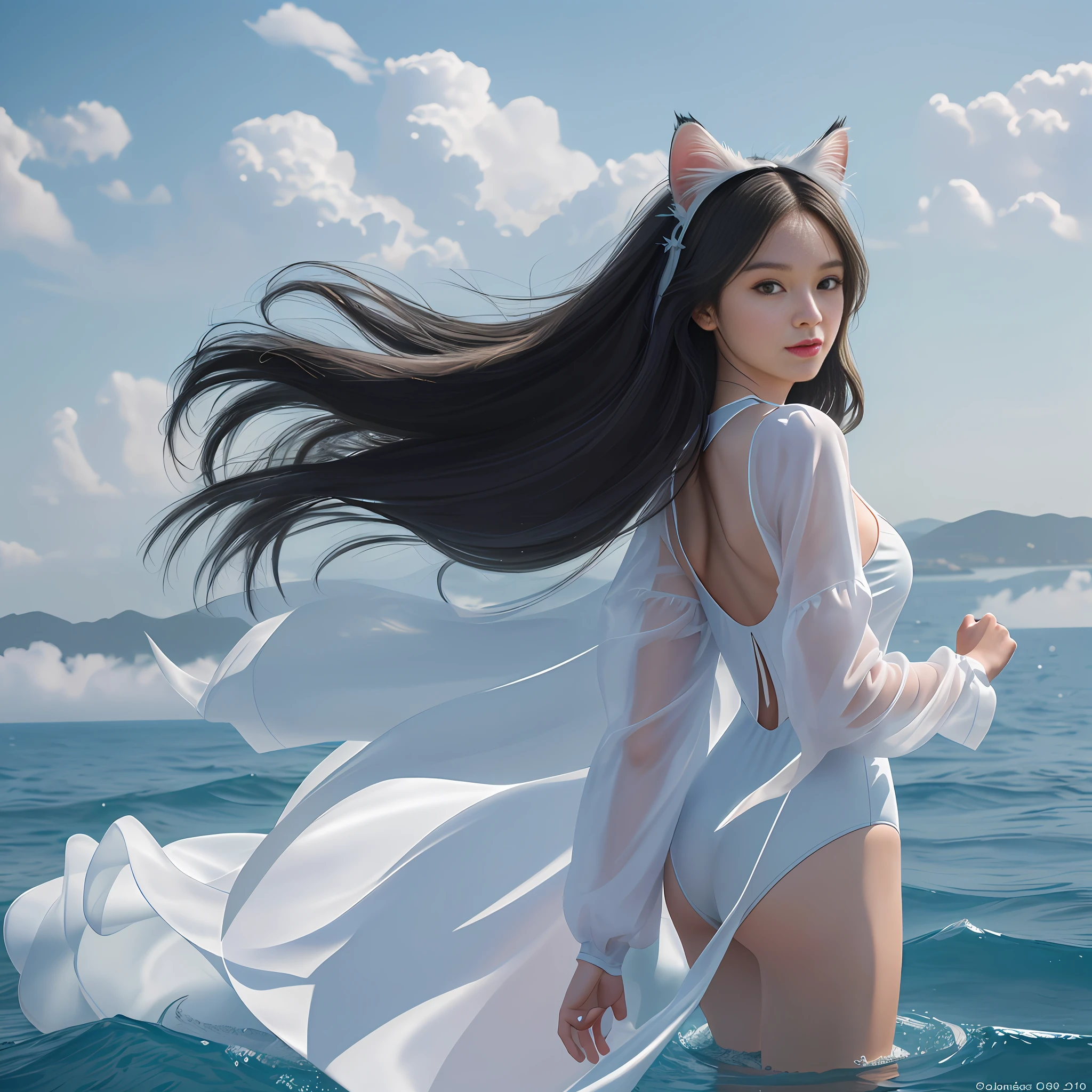 (Best Quality, Masterpiece: 1.4), (Realism: 1.2), (Realistic: 1.2), 4K, Detailed, Ultra Detailed, Detailed Face, (Ultra Detailed Eyes: 1.2), Sea of Clouds, Beauty, One-piece Swimsuit, Bare Back, High Split End, Long White Legs, Floating, Long Black Hair, Cat Ears, School of Fish