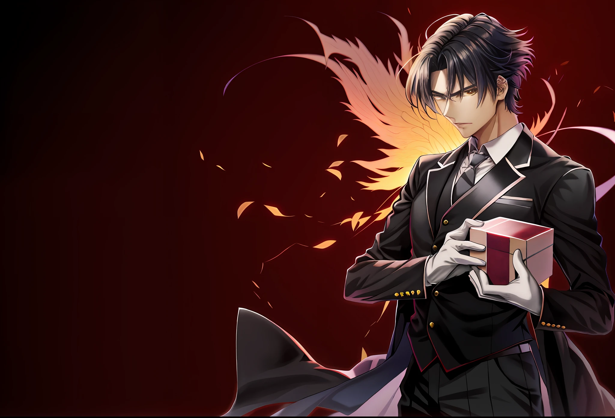 a picture of a man in a suit holding a gift, hijikata toushirou, yukito kishiro, inspired by Hisui Sugiura, tsurumaki kazuya, taisho roman, alucard, anime handsome man, inspired by Yamagata Hiro, makoto kano, kakyoin, kazuma kaneko, tanaka suguru