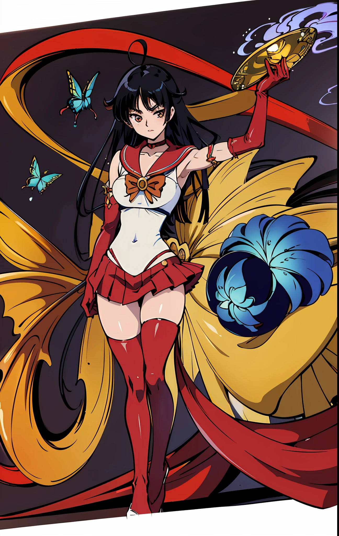 8k, anime, portrait, best quality, ultra high res, ultra detailed, art nouveau, extremely detailed lighting, cinematic lighting, soft lights, (masterpiece, high quality:1.4), ((full body)), ((witchery, oriental style, hair ornaments, full of smoke, full of butterflies, full of mist, extremely detailed accessories, many rich oriental accessories, pipe)), (long hands, long legs), (SMMars, sailor senshi uniform, red sailor collar, red skirt, elbow gloves, very long hair)