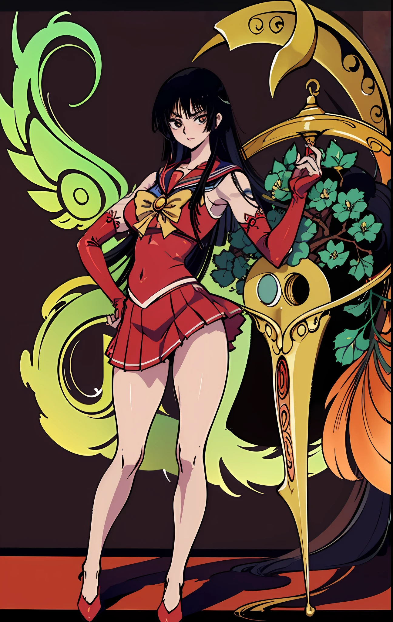 8k, anime, portrait, best quality, ultra high res, ultra detailed, art nouveau, extremely detailed lighting, cinematic lighting, soft lights, (masterpiece, high quality:1.4), ((full body)),  ((witchery, oriental style, hair ornaments, full of  smoke, full of butterflies, full of mist, extremely detailed accessories, many rich oriental accessories, pipe)), (long hands, long legs), (SMMars, sailor senshi uniform, red sailor collar, red skirt, elbow gloves, very long hair)
