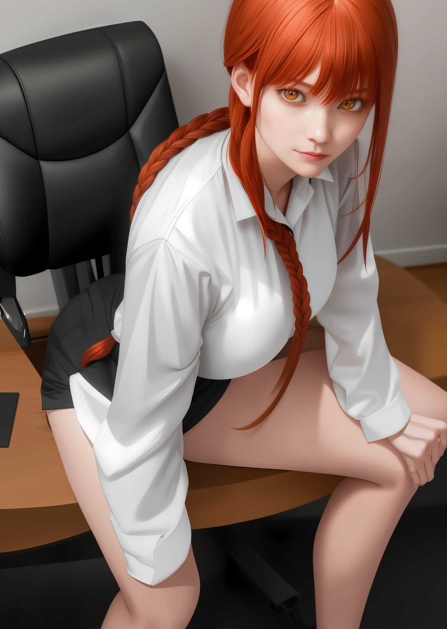 (masterpiece), (best quality),makima \(chainsaw man\), best quality, ultra detailed, 1girl, solo, standing, red hair, long braided hair, golden eyes, sexy, tied \(non-sexual\), bangs, large breasts, low-cut white shirt, staring gaze, smile, (bad:1.2), looking at the viewer, (interview:1.3), (dark background, sitting in the office)