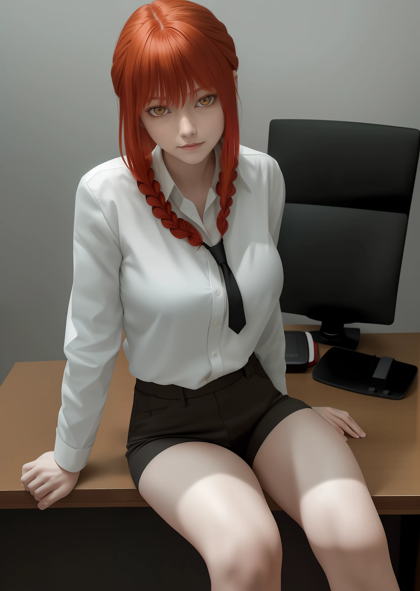 (masterpiece), (best quality),makima \(chainsaw man\), best quality, ultra detailed, 1girl, solo, standing, red hair, long braided hair, golden eyes, sexy, tied \(non-sexual\), bangs, large breasts, low-cut white shirt, staring gaze, smile, (bad:1.2), looking at the viewer, (interview:1.3), (dark background, sitting in the office)