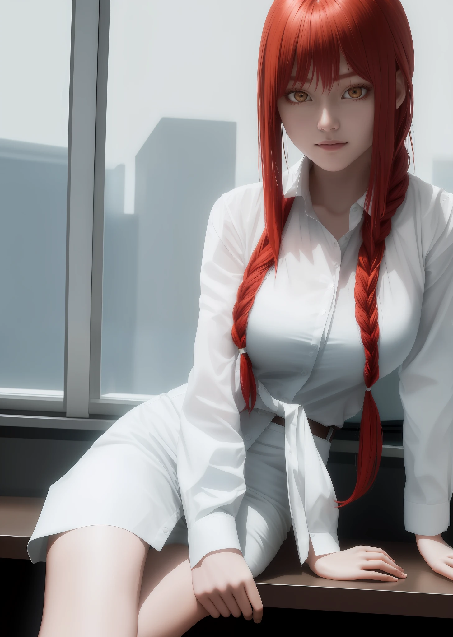 (masterpiece), (best quality),makima \(chainsaw man\), best quality, ultra detailed, 1girl, solo, standing, red hair, long braided hair, golden eyes, sexy, tied \(non-sexual\), bangs, large breasts, low-cut white shirt, staring gaze, smile, (bad:1.2), looking at the viewer, (interview:1.3), (dark background, sitting in the office)