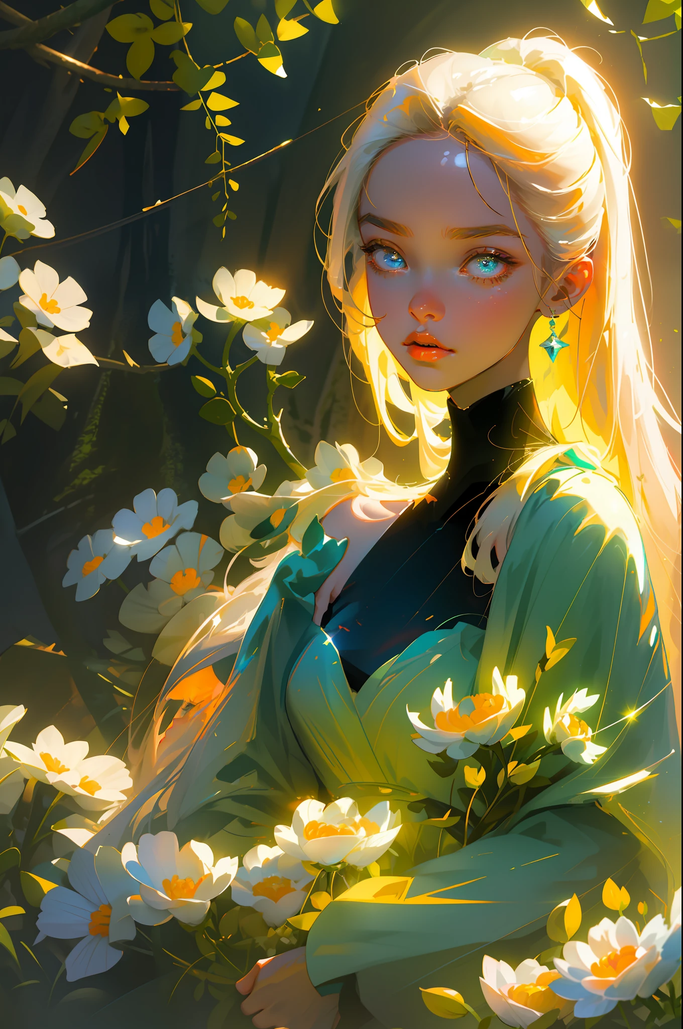 Masterpiece, best quality, super high resolution, fluorescent color,
1 girl, looking at the audience, beautiful face, beautiful eyes, (off-the-shoulder: 1.2), head up, upper body, forest, shiny hair, shiny skin, glowing cut, chibi, finger proportions coordination