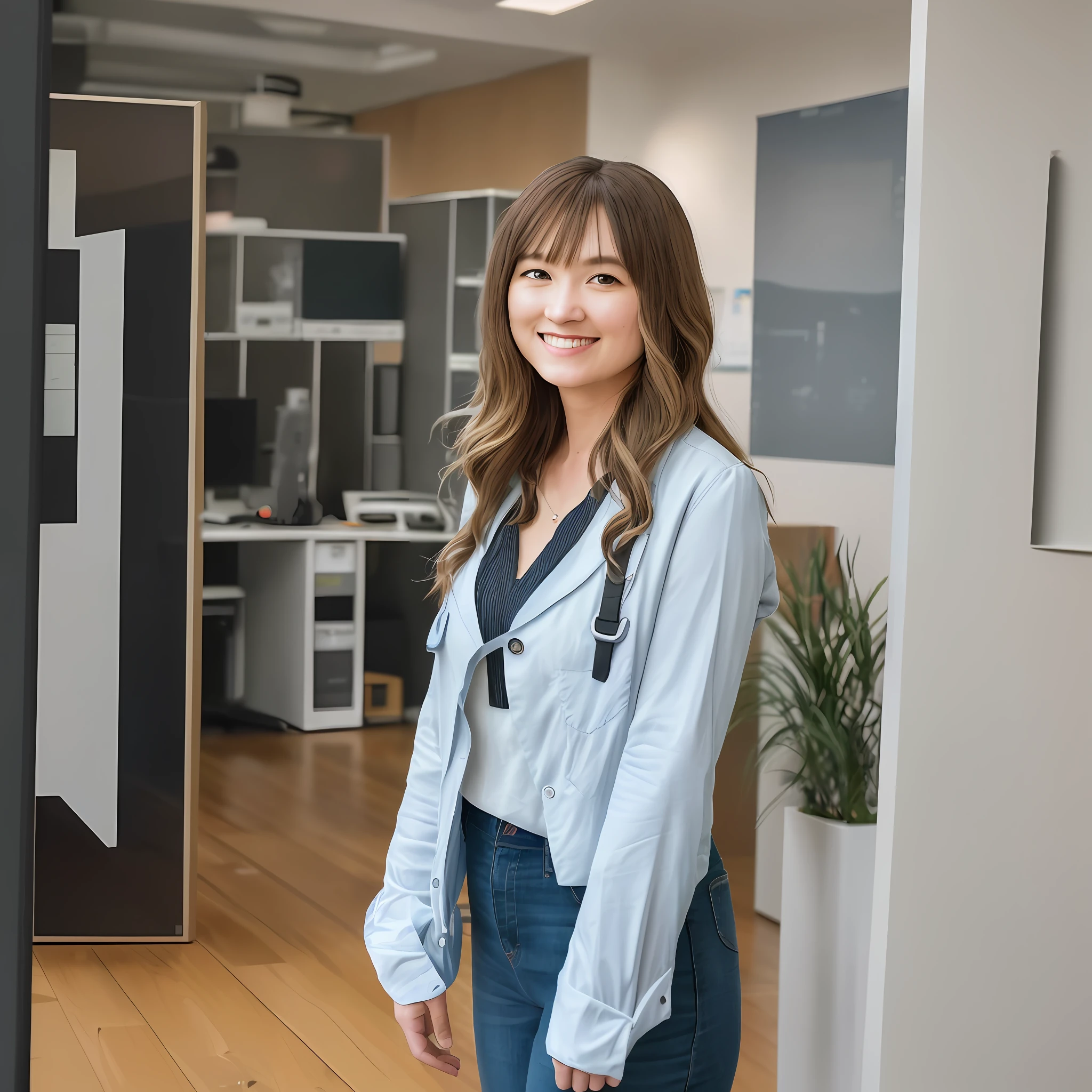 A New Zealand female business owner stands and is happy that his business is growing by having good VoIP and broadband supplied by Voyager Internet. (there is only one person in the picture), This business owner is dressed semi casual and is standing with a funky office space in the background. The image is light and bright and is well lit. This image needs to be shot like a professional photo shoot using a Canon R6 with high quality 25mm lens. This image has a shallow depth of field