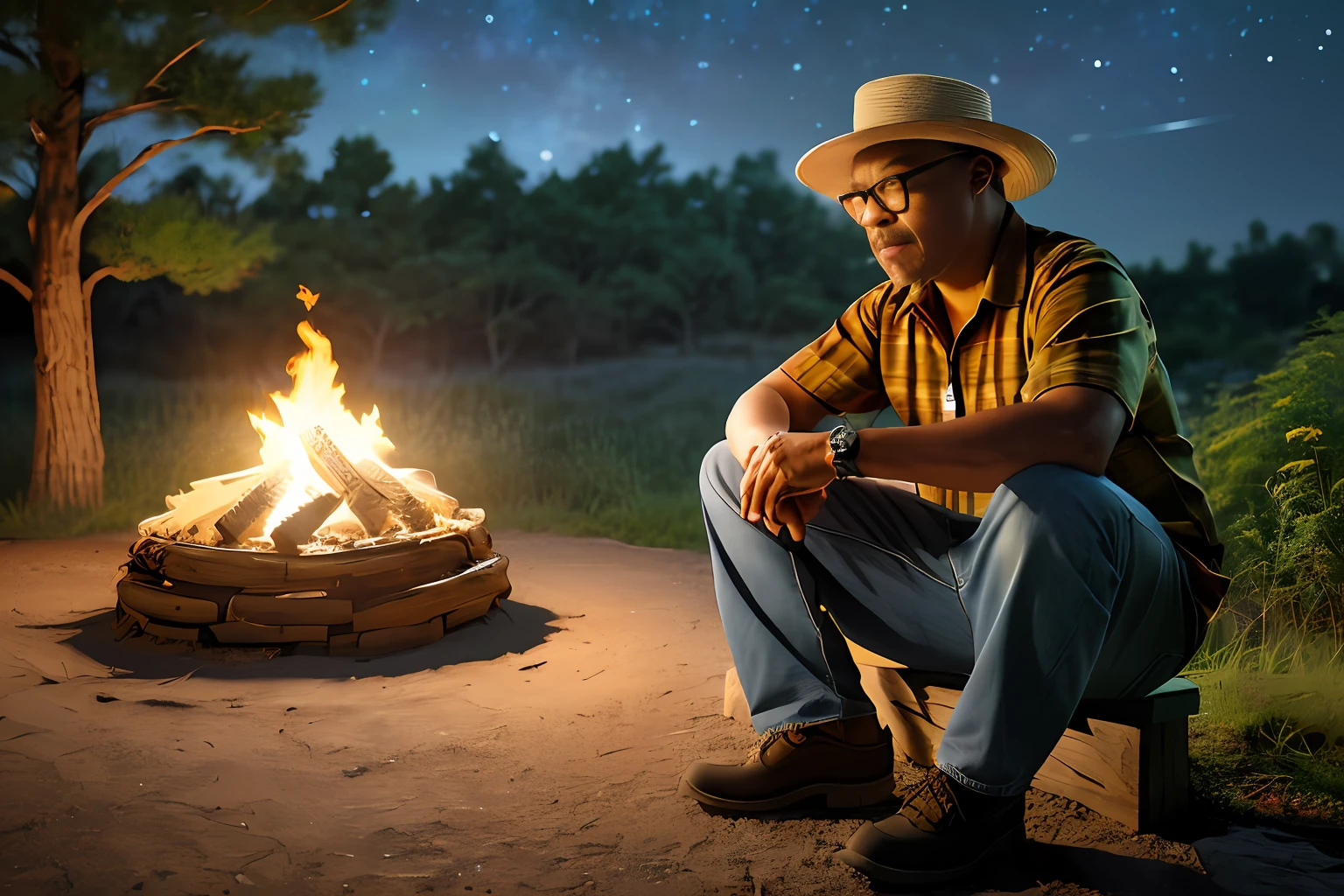 guttonerdvision3, a highly detailed and realistic depiction of a 50-year-old man wearing glasses in a chibi style, inspired by the artwork of Alex Ross:

The man's face is weathered, with meticulously rendered skin pores, showcasing the realistic texture of his skin. He wears a straw hat that casts a subtle shadow over his face, adding depth to his features. His plaid shirt and ripped jeans are intricately detailed, capturing the fabric's patterns and the worn-out appearance of the clothing.

With a piece of dry straw in his mouth, the man exudes a rugged charm. The scene is set at night, with a dark, starry sky overhead. The man is seated on a rock, his posture relaxed, in front of a crackling campfire. The warm glow from the fire illuminates the surrounding area, casting dancing shadows on the man's face and the nearby trees.

The night sky is a mesmerizing sight, filled with countless twinkling stars that create a serene and peaceful atmosphere. The image is meticulously rendered in an ultra-realistic style, capturing the intricate details of the character and the natural elements of the scene. The depth of field and resolution are enhanced to provide a stunning 8K visual experience, ensuring that every detail shines through.

This artwork combines the chibi style with the realistic attention to detail that is characteristic of Alex Ross' work, resulting in a unique and visually captivating piece.