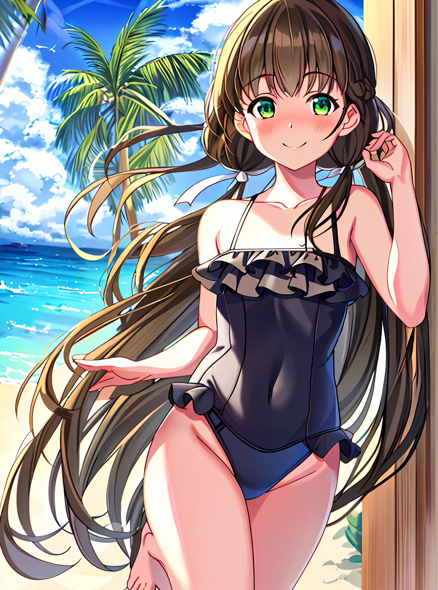 masterpiece, best quality, highres, HD, _kinako_, 1girl, hair ribbon, long brown hair, green eyes, smile, collarbone, nose blush, one-piece swimsuit, waist cut-out, high-leg, standing, bare arms, outdoors, beach, clouds, sky, sunny day, looking at viewer