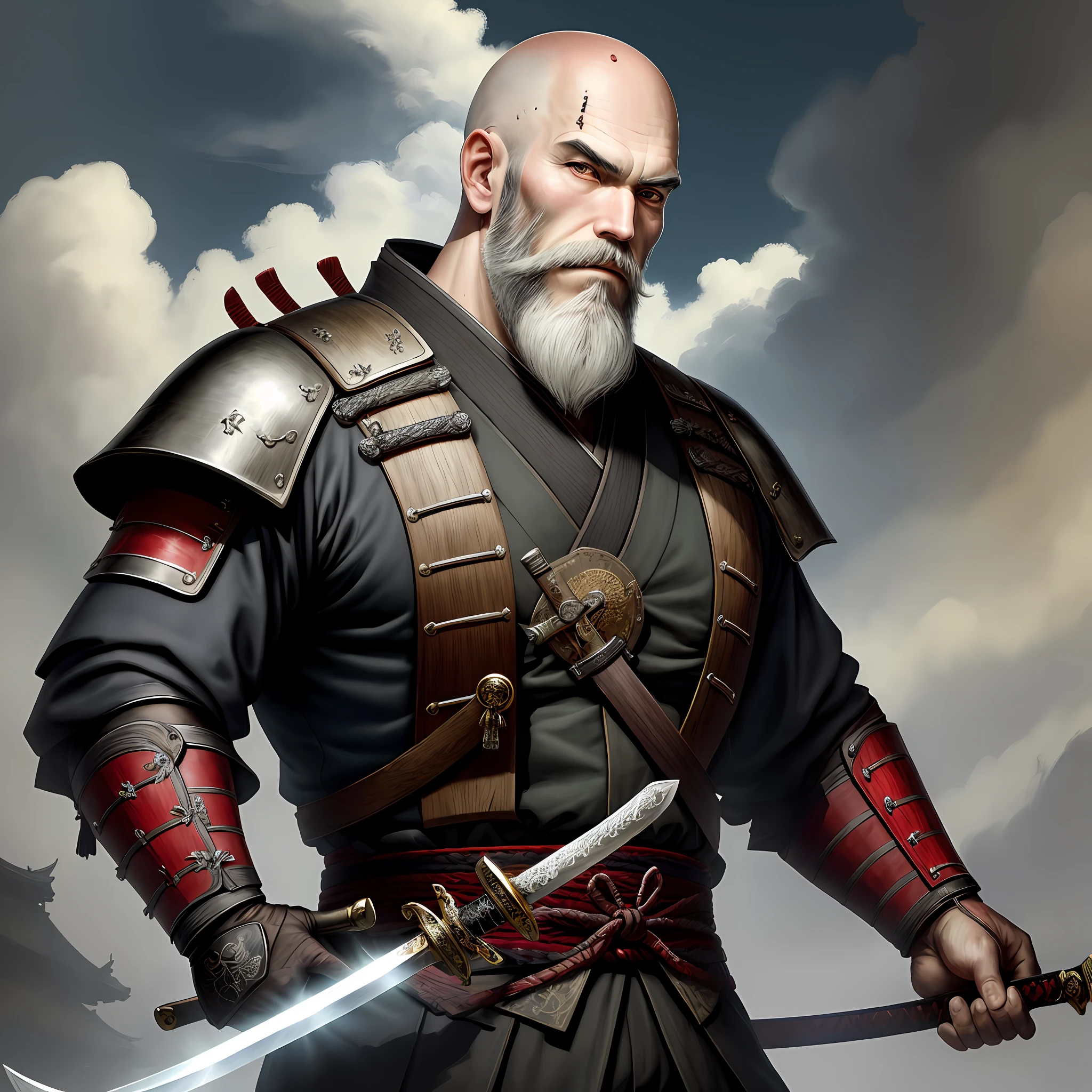 masterpiece, best quality, 1 male, old , bald , samurai ,symbolism ,art, beautiful, beautiful , courage , big white beard , big white eyeshadows , sword , body