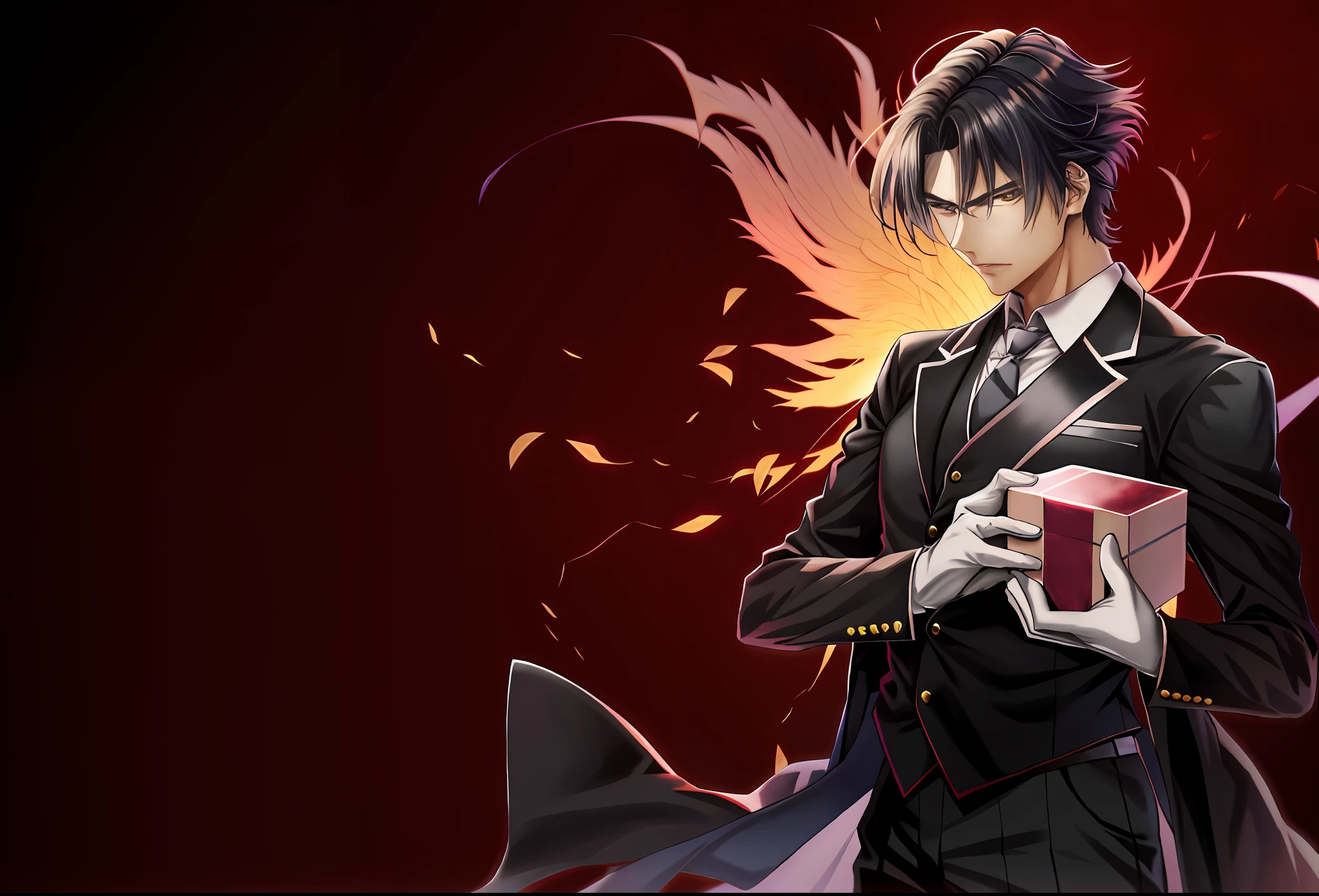 a picture of a man in a suit holding a gift, hijikata toushirou, yukito kishiro, inspired by Hisui Sugiura, tsurumaki kazuya, taisho roman, alucard, anime handsome man, inspired by Yamagata Hiro, makoto kano, kakyoin, kazuma kaneko, tanaka suguru