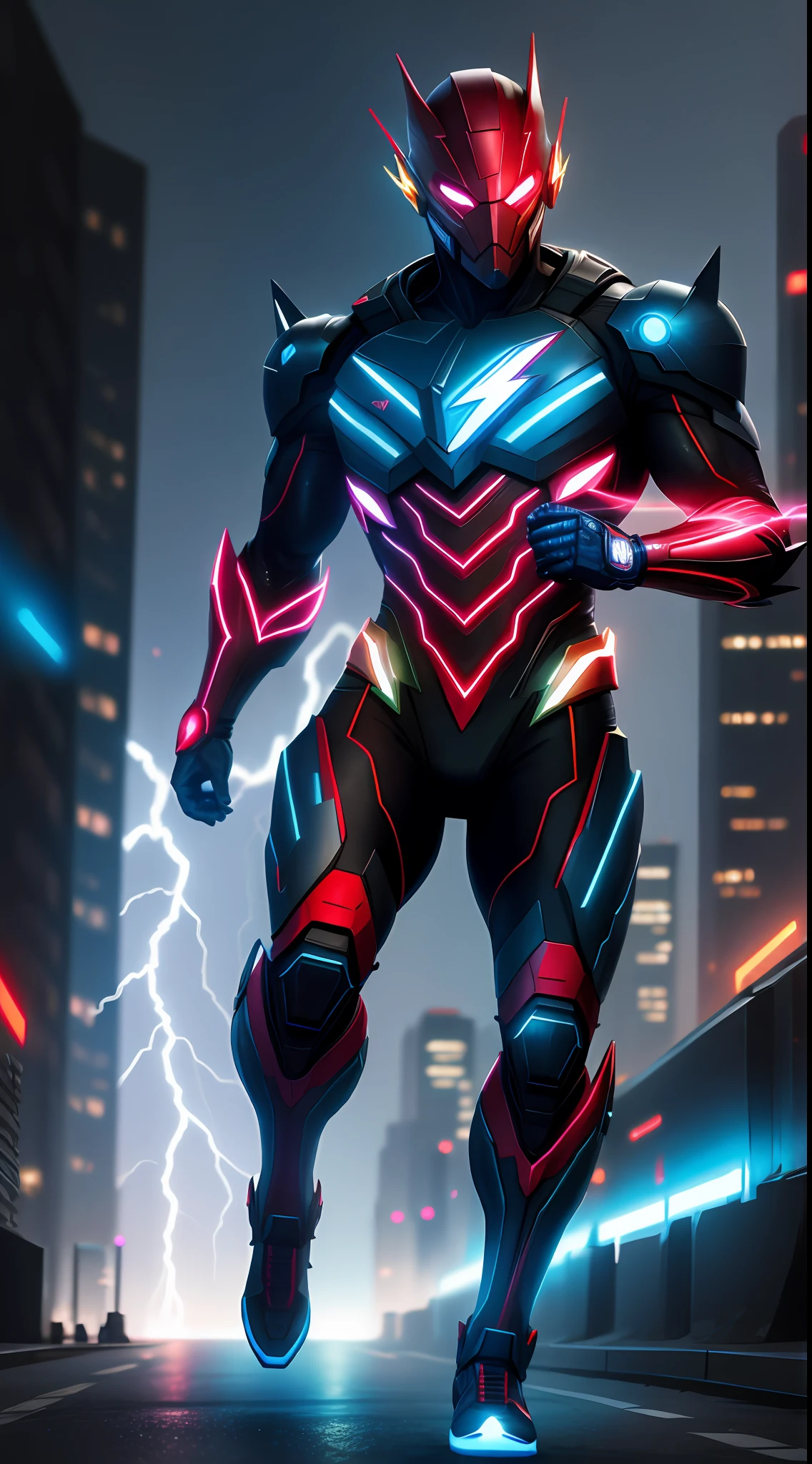 cyberpunk the flash , blue armor, invoked mask,glowing red eyes, bodybuilder, running, in the background a city, lightning in the sky, ultra details, ultra realistic, cinematic , octane render, 16k