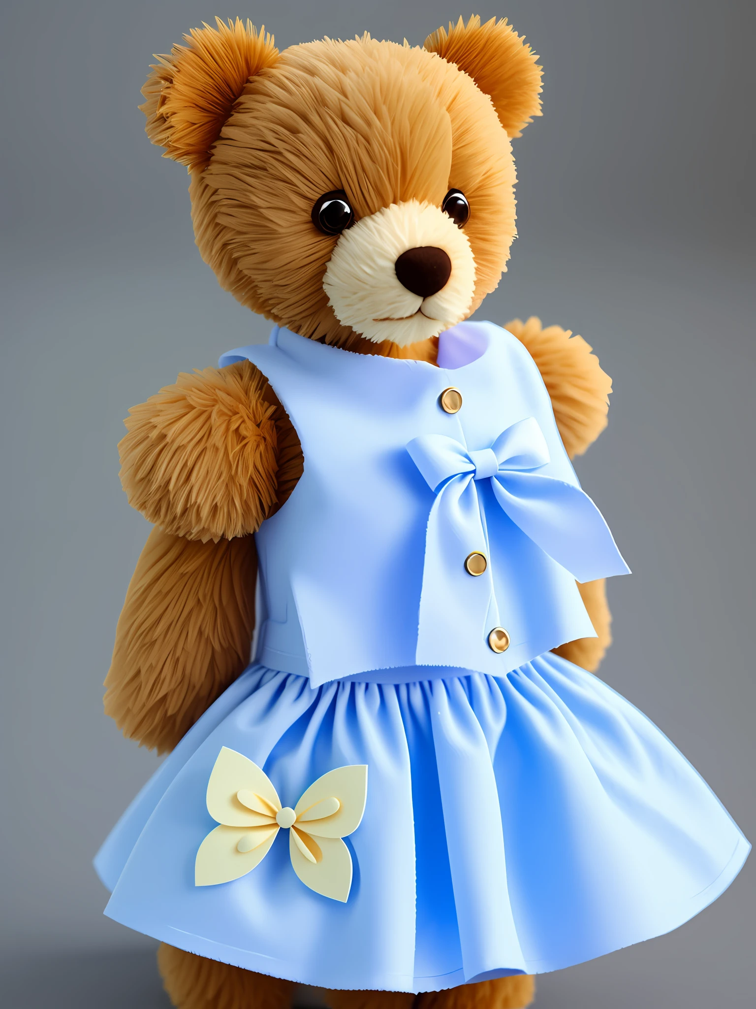 Create a 3d teddy bear using bow and dress with butterflies.