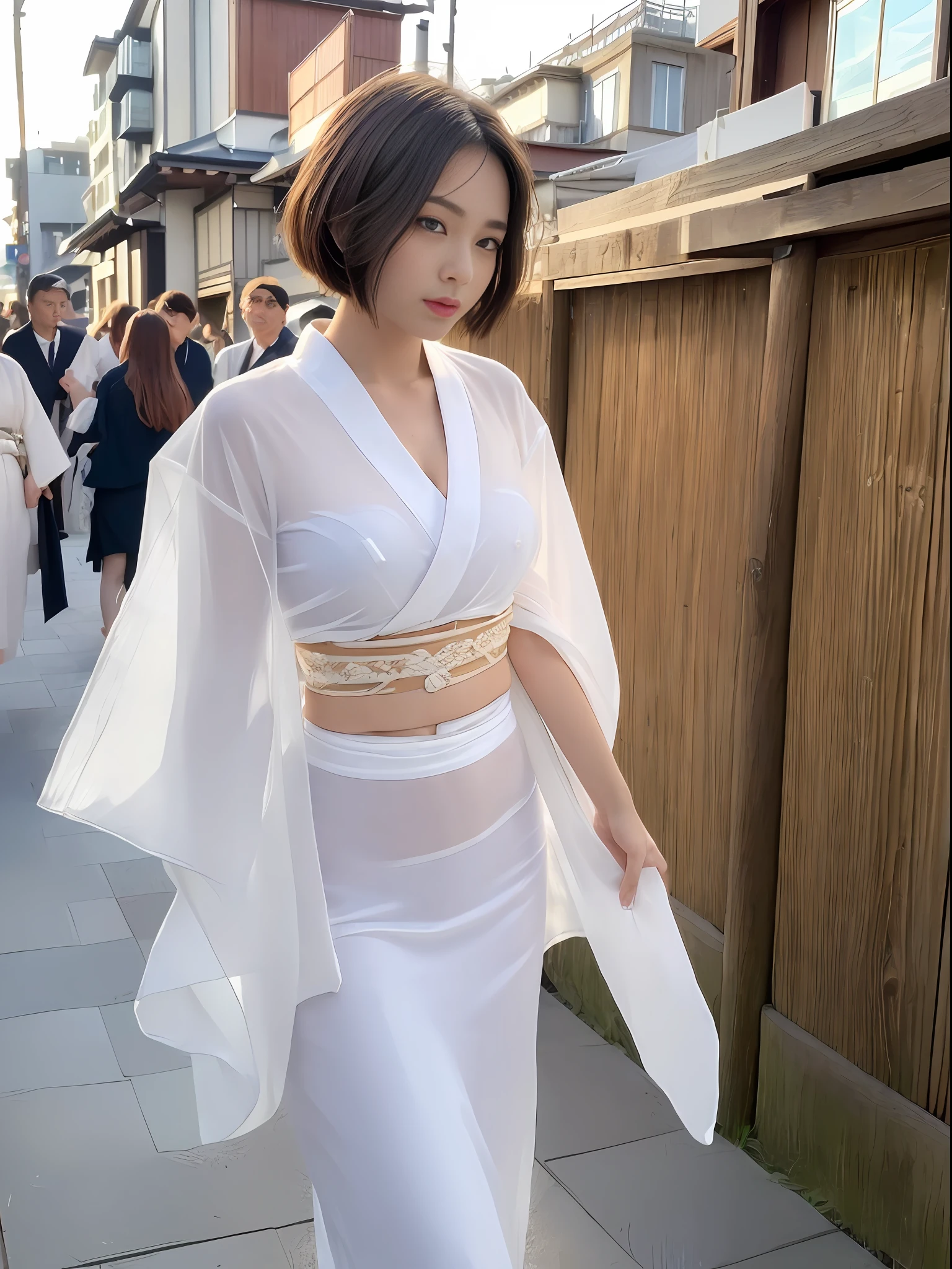 ((Top Quality, 16k, Masterpiece: 1.3)), 1 Girl, (Face Focus: 1.2, Depth of Field), Beautiful Women with Perfect Figure: 1.4, Slender Abs: 1.2, (((Short Bob Hair)), ((Small: 1.1)), ((Beautiful Face Idol: 1.3)), ((Kimono 1.5 (Transparent White Fabric)), Highly Detailed Face and Skin Texture, Detailed Eyes, Double Eyelids, (((Pause)), (Seductive), Walking, Kyoto cityscape,