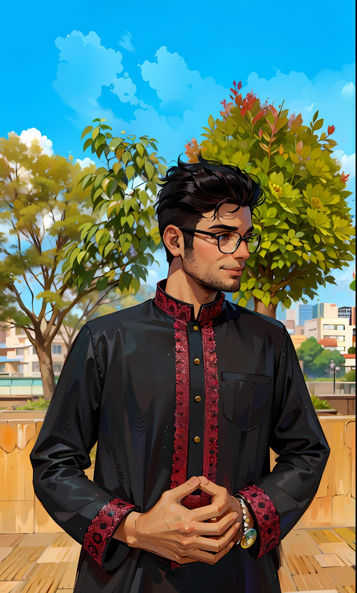 (masterpiece),(best quality:1.0), (ultra highres:1.0), detailed illustration, 8k, 1boy, anime boy, wearing punjabi, smiling, round glasses, detailed face, perfect face, anime eyes, detailed eyes, dark brown eyes, detailed hair, highlights in hair, sunny, day time, highly detailed, anime style, vibrant