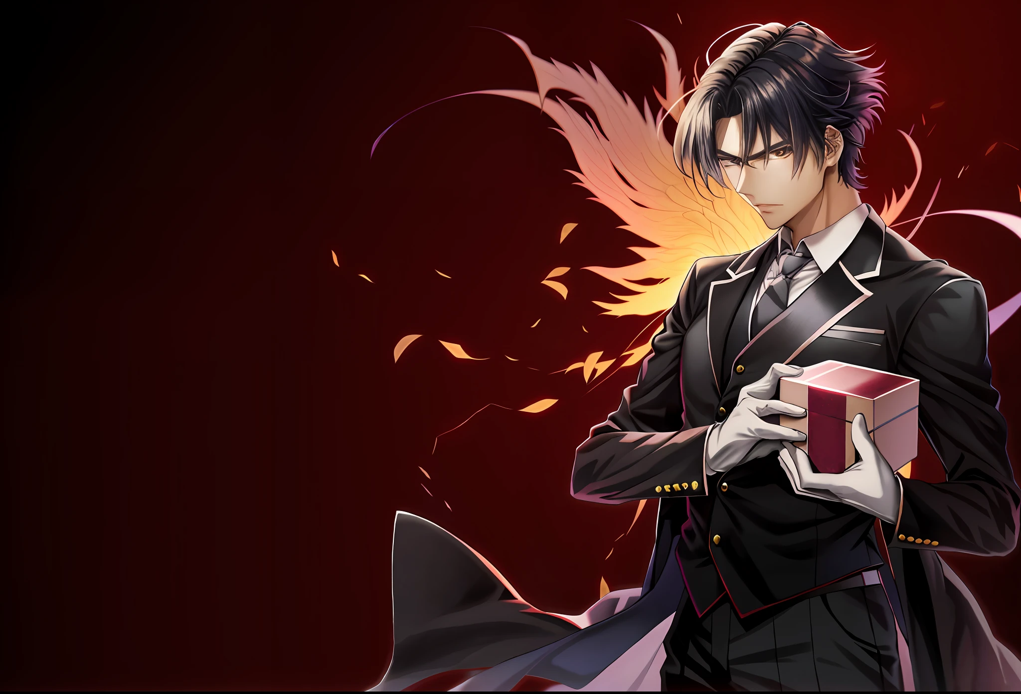 a picture of a man in a suit holding a gift, hijikata toushirou, yukito kishiro, inspired by Hisui Sugiura, tsurumaki kazuya, taisho roman, alucard, anime handsome man, inspired by Yamagata Hiro, makoto kano, kakyoin, kazuma kaneko, tanaka suguru