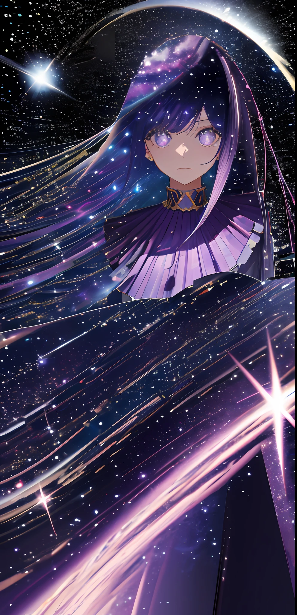 messy hair, starry sky, galaxy,straight-on,{best quality}, {{masterpiece}}, {highres}, original, extremely detailed 8K wallpaper, 1girl, {an extremely delicate and beautiful},, shaped eyes, purple hair, purple eyes