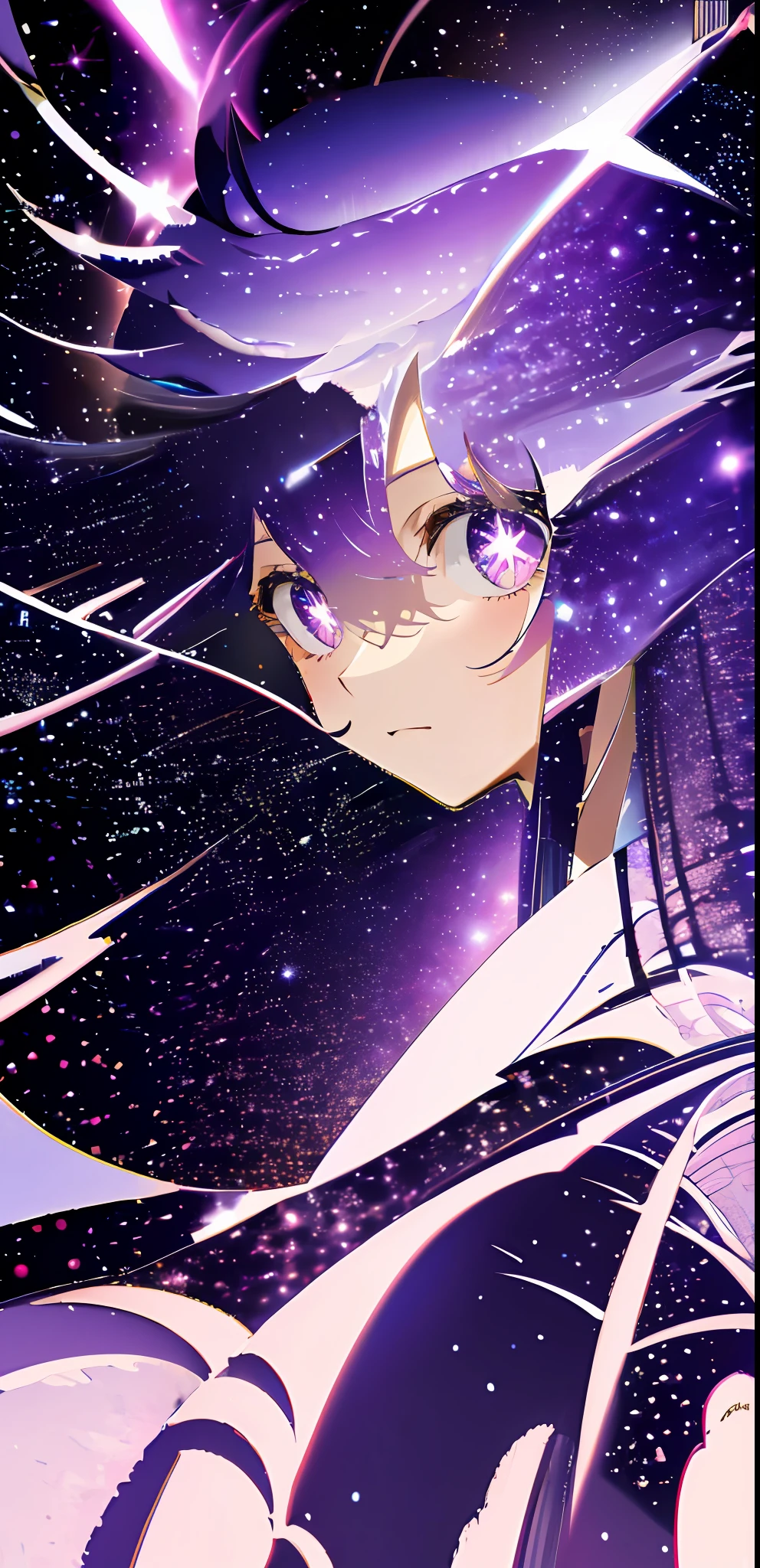 messy hair, starry sky, galaxy,straight-on,{best quality}, {{masterpiece}}, {highres}, original, extremely detailed 8K wallpaper, 1girl, {an extremely delicate and beautiful},, shaped eyes, purple hair, purple eyes