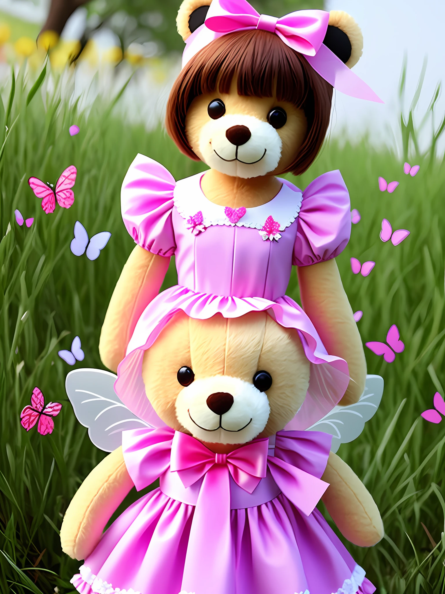 Create a 3d teddy bear using bow and dress with butterflies.